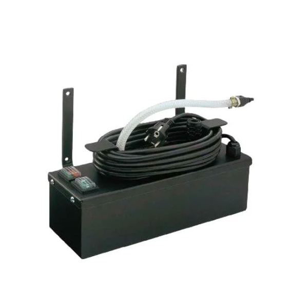 A black electronic device with a coiled cable, mounted on a rectangular base with two vertical brackets.