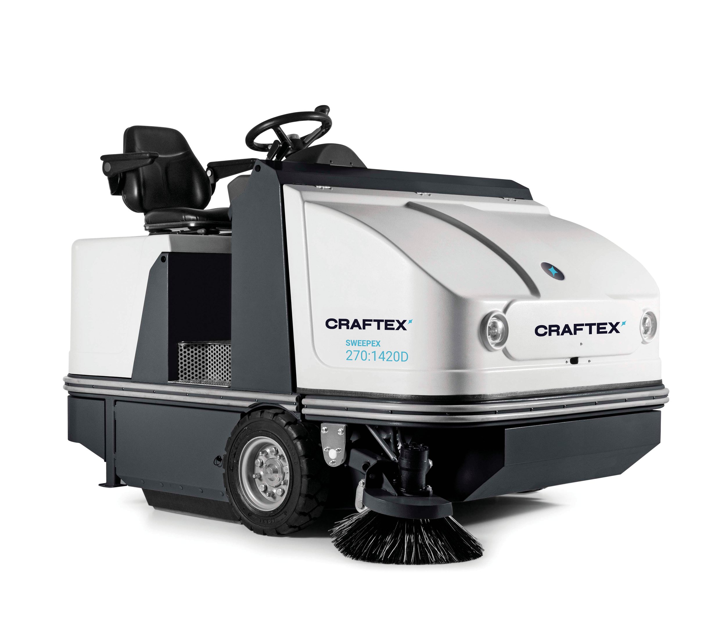 An autonomous street sweeper robot with a white body, black broom, and a seated operator station, branded Craftex, used for cleaning outdoor surfaces.