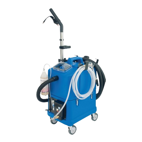 A blue industrial cleaning machine with hoses, spray nozzles, and a handle, mounted on wheels for mobility.
