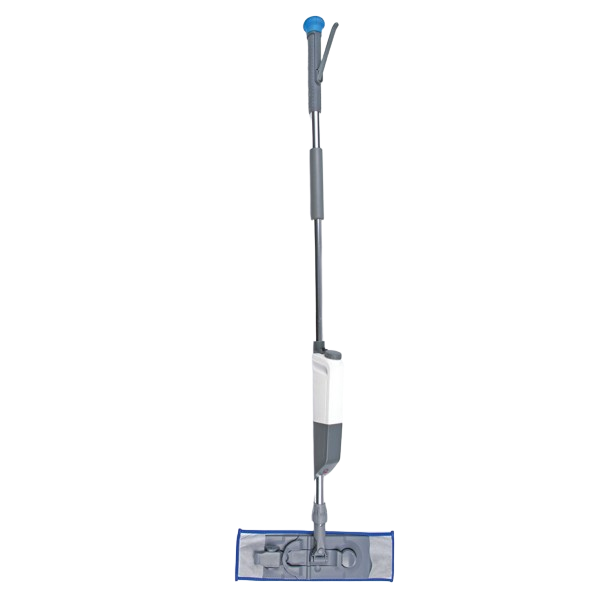 A cordless vacuum cleaner standing upright on a flat surface against a blue and gray background.