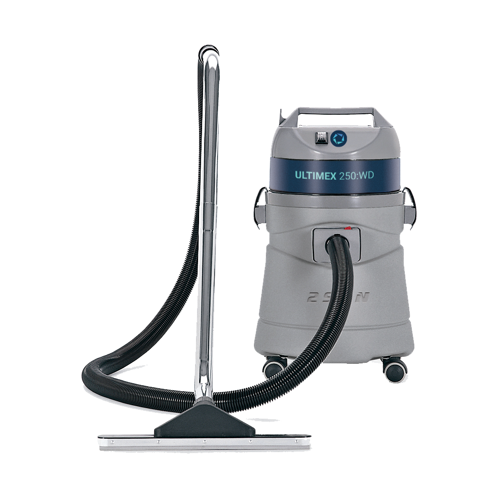 A professional carpet cleaning machine with a long metal wand connected by a black hose, labeled 'ULTIMEX 250:WD'.