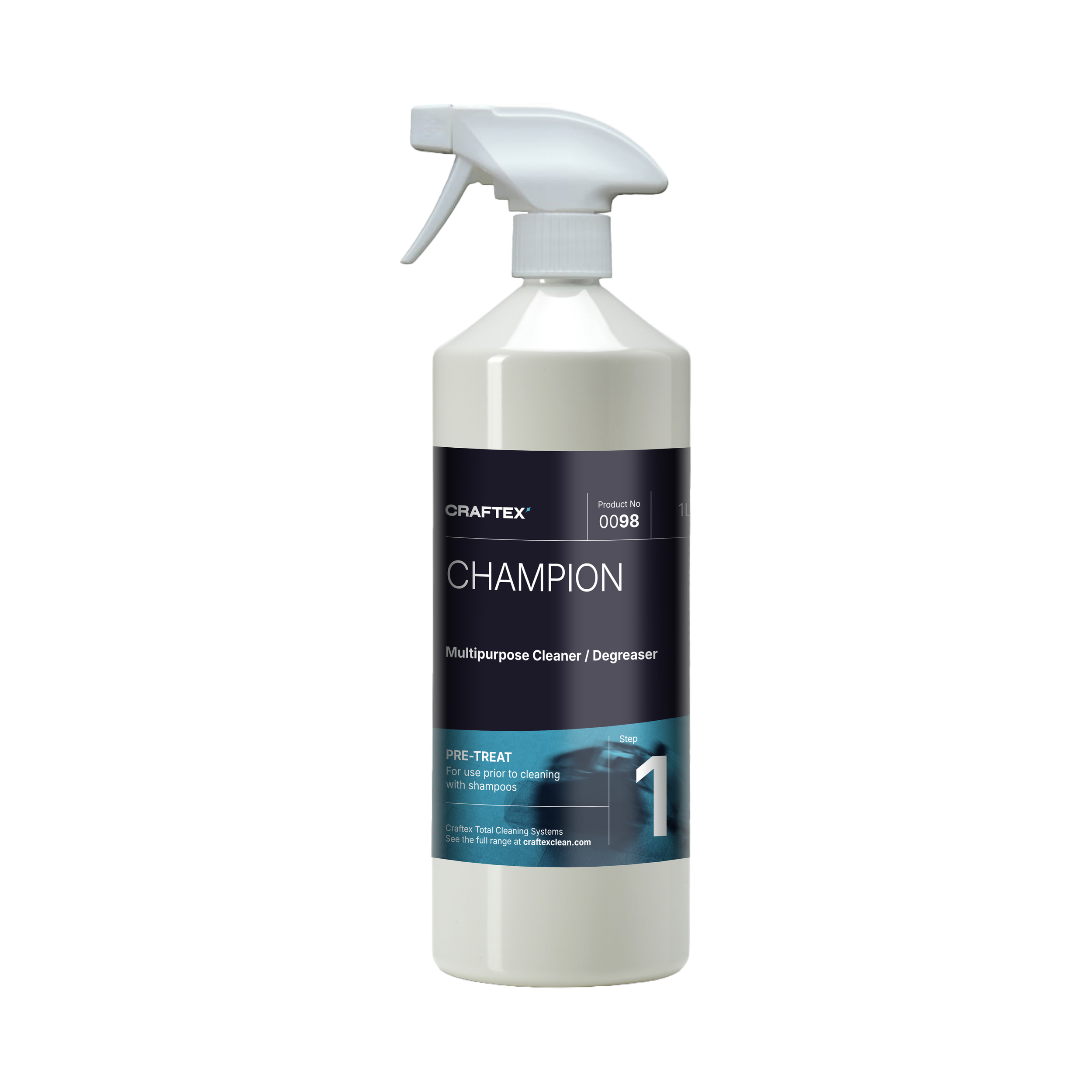 White spray bottle labeled 'Champión' multipurpose cleaner and degreaser, with a black and blue label, positioned upright.