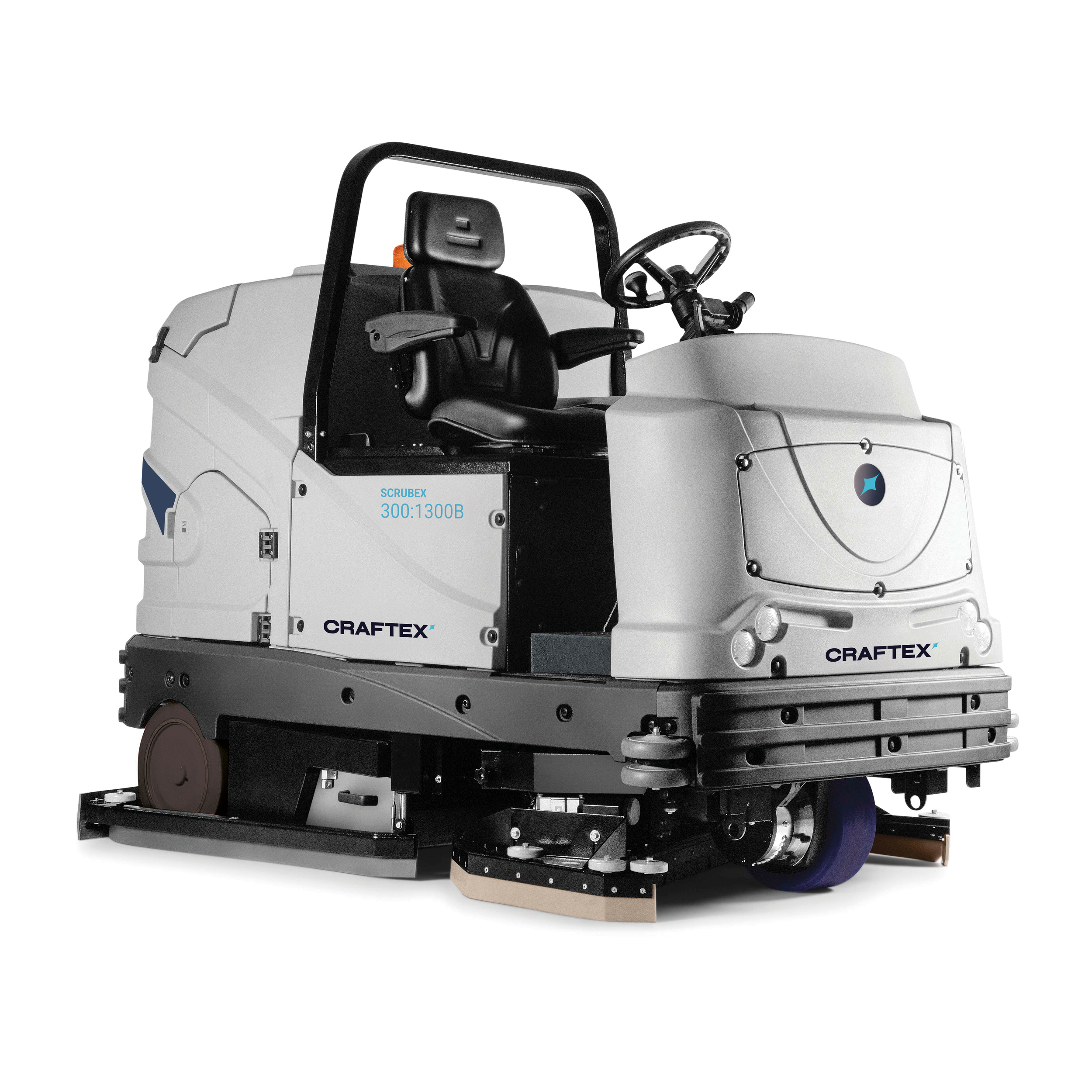 A Craftex Scrubex floor cleaning machine with a black seat and steering wheel.