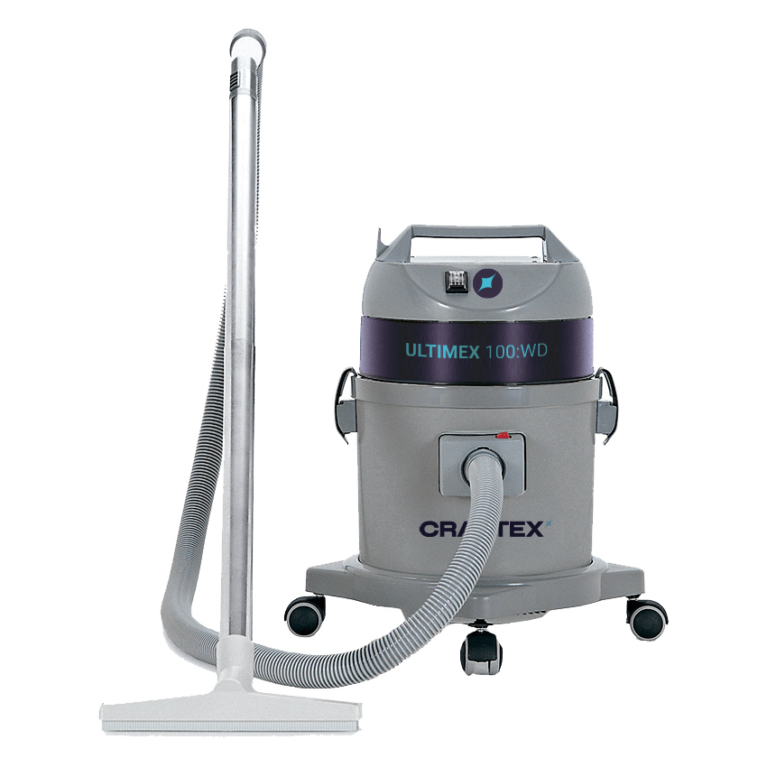 A commercial vacuum cleaner with a large canister and a long hose, designed for industrial or professional cleaning, set against a plain white background.