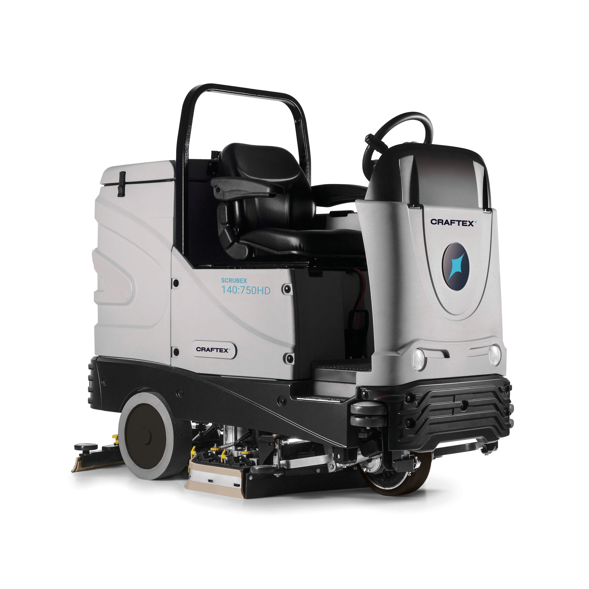 A modern ride-on floor cleaning machine with a black seat and a gray body labeled CRAFEX.