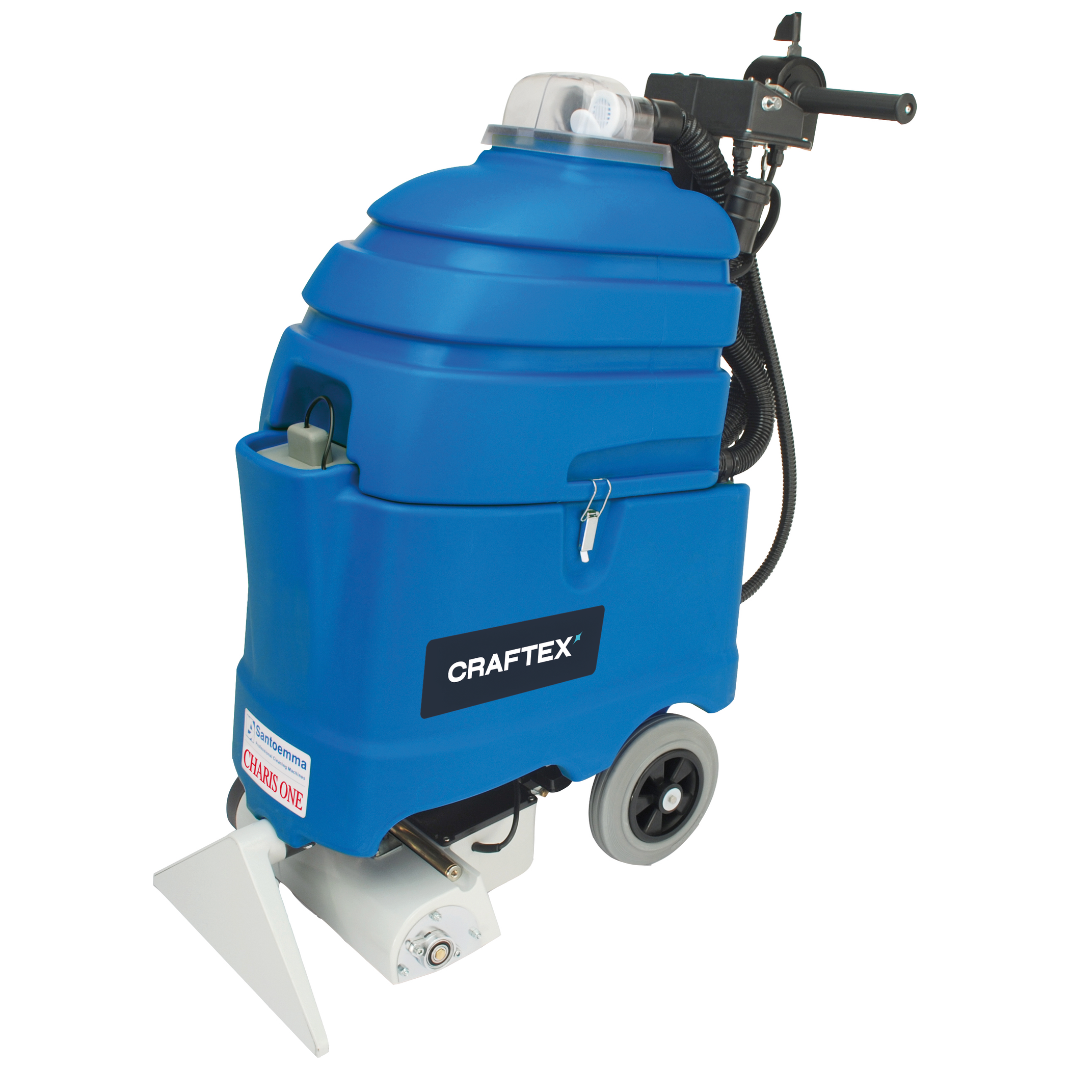 A blue industrial cleaning machine with black wheels, hoses, and a white attachment at the front labeled Charis One.