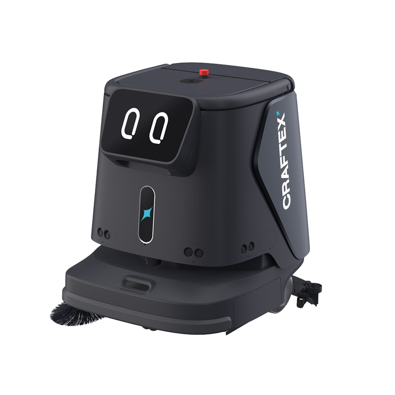 Cruise autonomous cleaning robot with a digital display of eyes and dustbin, branded with 'CRAFtEX'.