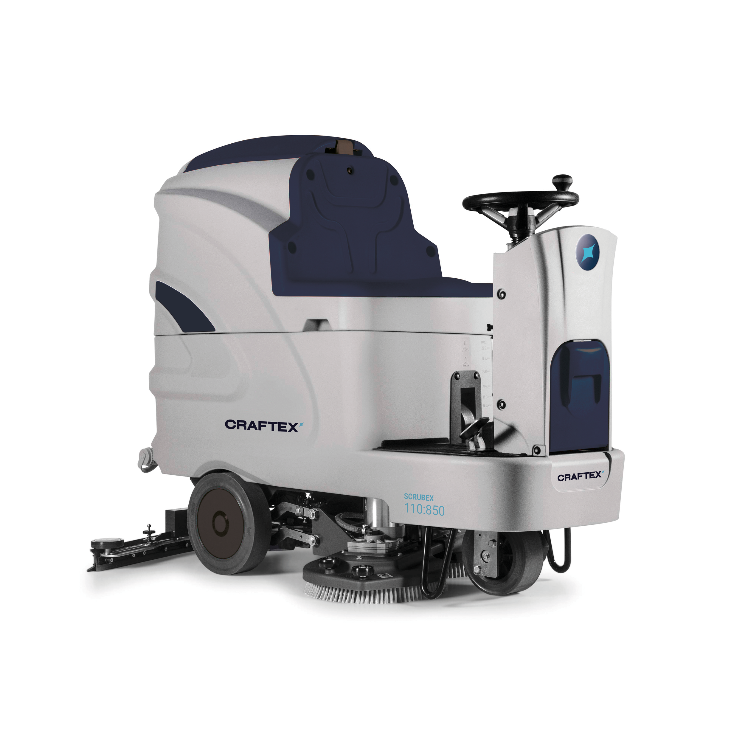 Automated floor cleaning machine with a white and blue exterior, equipped with brushes and wheels, labeled CRAFEX and SCRUBEX.
