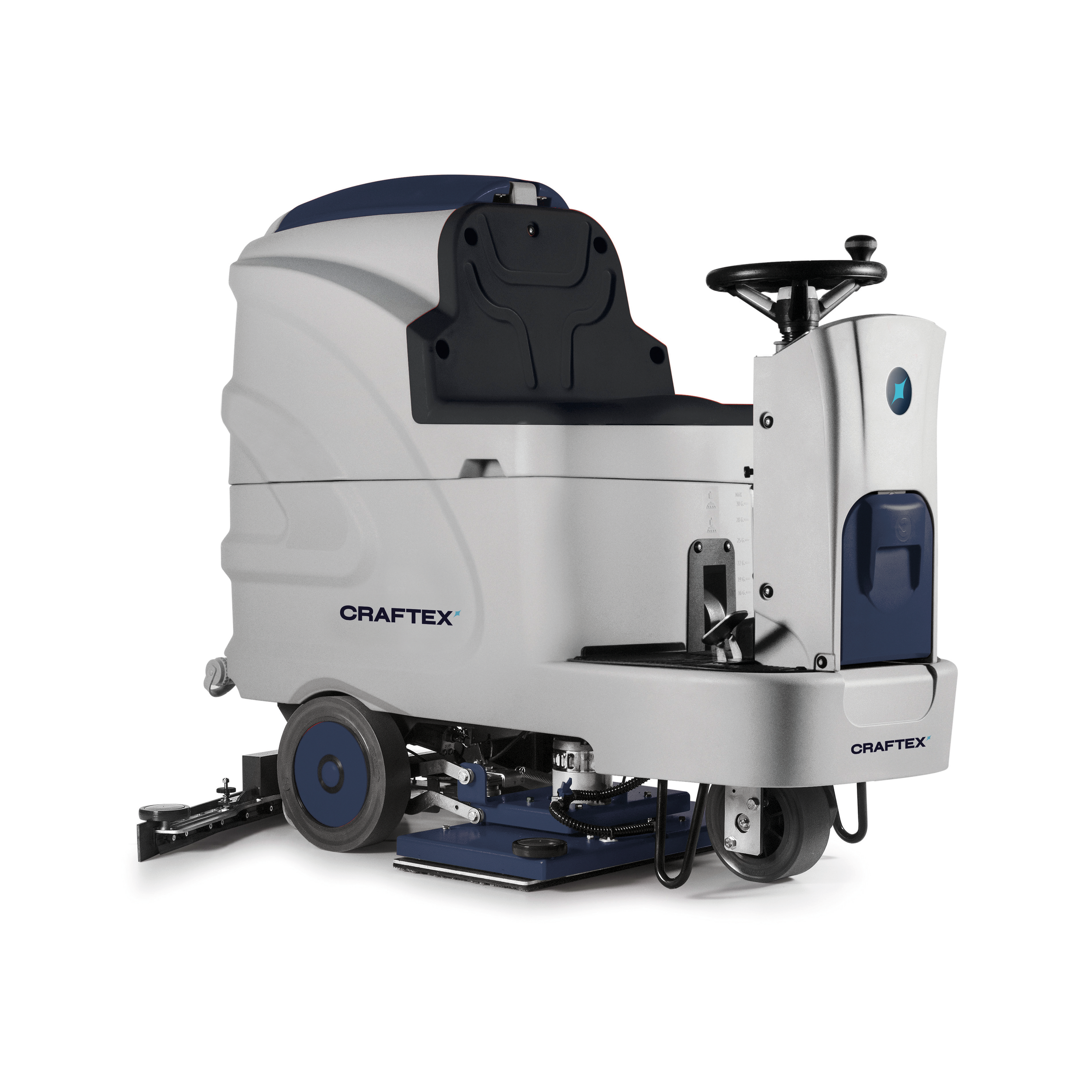 Automated cleaning machine with a seat and a steering wheel, branded Craftex, designed for cleaning floors or surfaces.