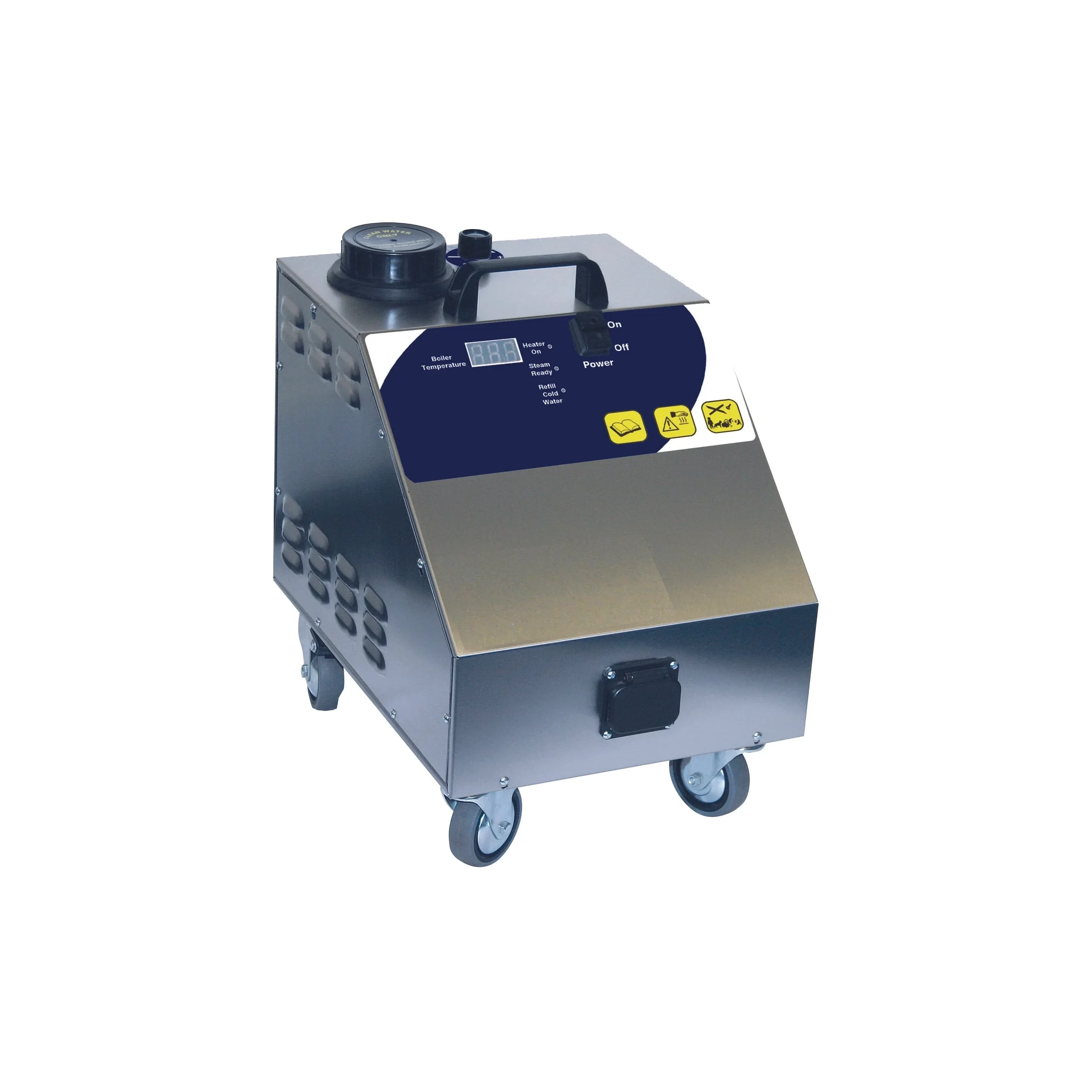 Stainless steel medical or laboratory device on wheels with control panel and warning labels.