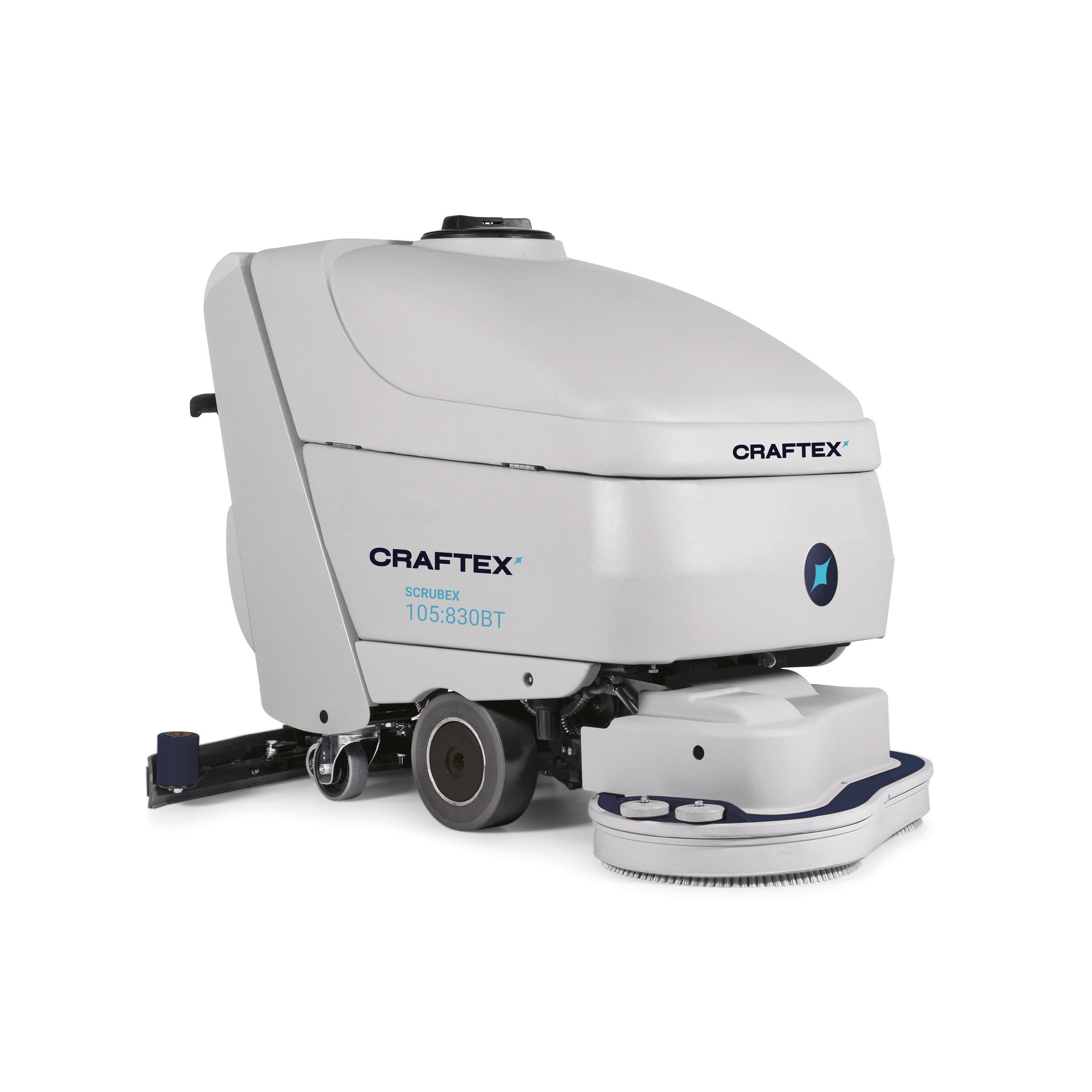 Industrial floor cleaning machine manufactured by Craftex, model Scrubex 105:830BT, in white and gray, with wheels and scrubbing brushes.