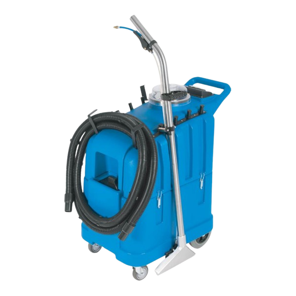 Blue commercial carpet extractor machine with a hose and cleaning wand attached, on wheels.