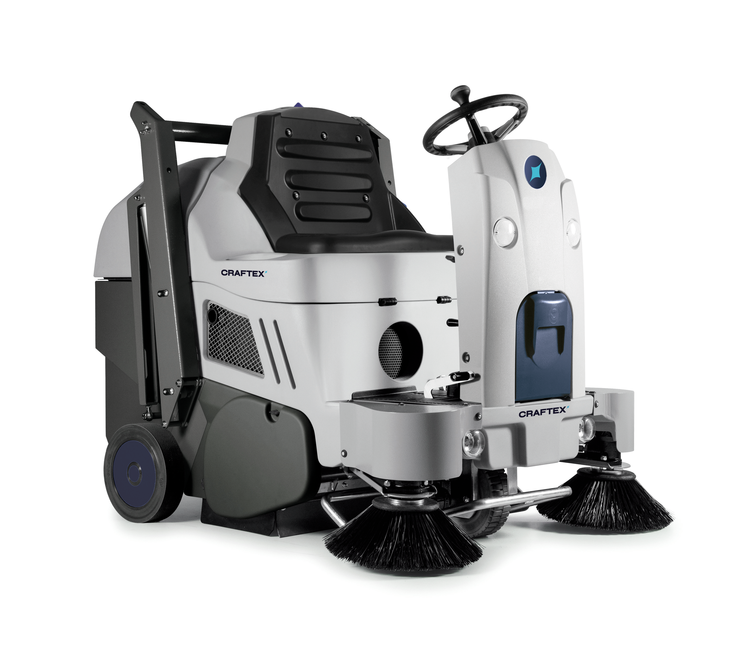 Autonomous floor cleaning robot with brushes, wheels, and a seat for operation.