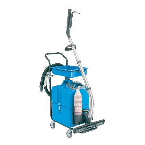 Hospital cleaning cart with cleaning supplies, including a spray bottle, inside a blue container, with a mop and bucket.
