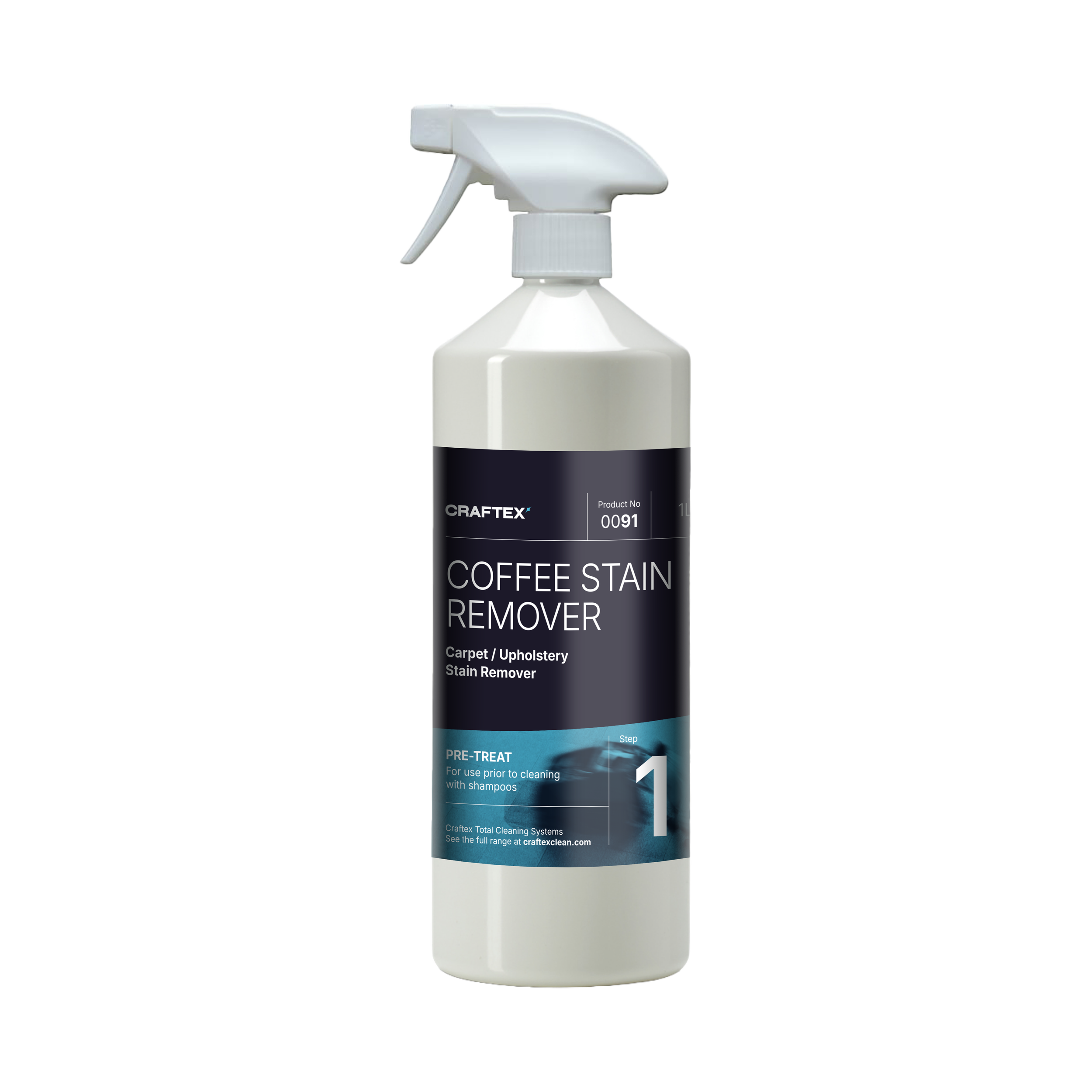 A spray bottle labeled 'Craftex Coffee Stain Remover' for cleaning carpets and upholstery.