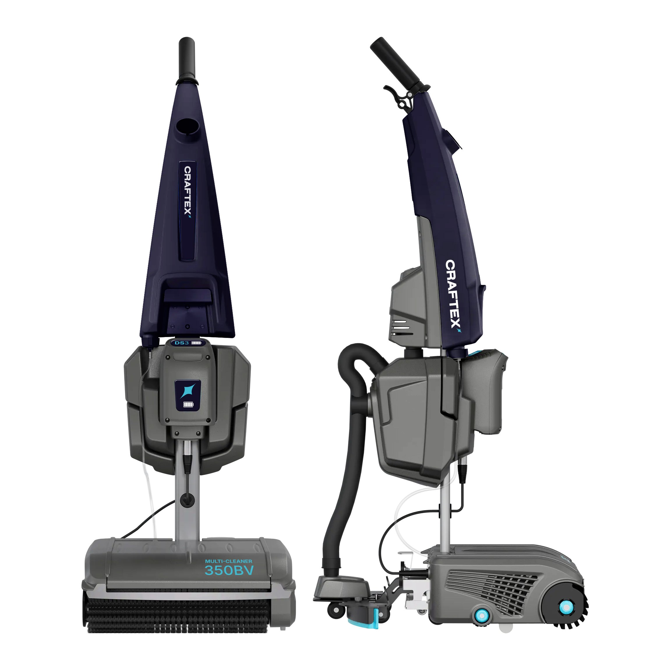 An industrial cleaning machine with various components including a multi-cleaner labeled 350BV, a vacuum head, a handle, and a water spray attachment.
