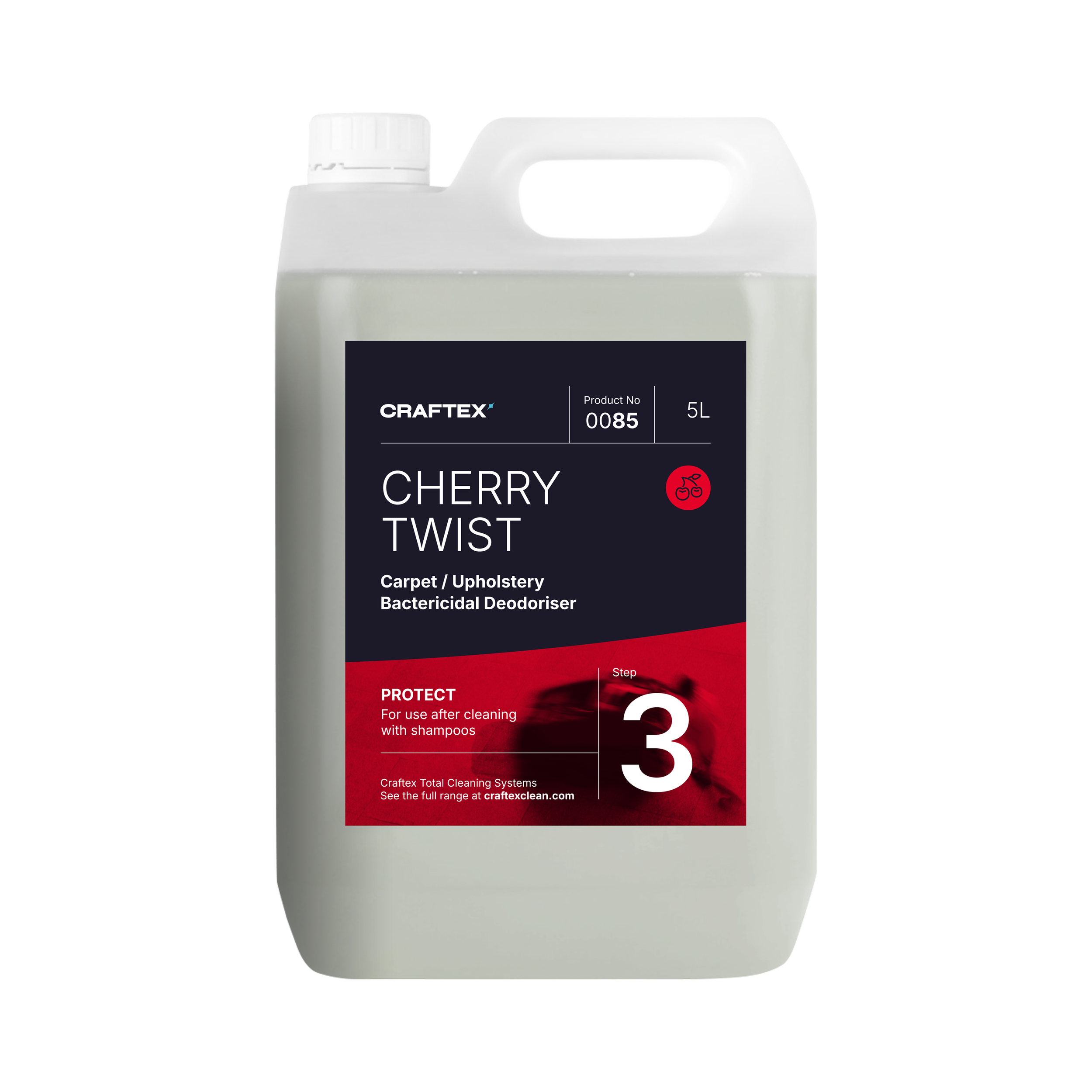 A large white container of Craftex Cherry Twist bactericidal deodorizer with a black and red label, indicating it is for carpet and upholstery cleaning with a step 3 branding.