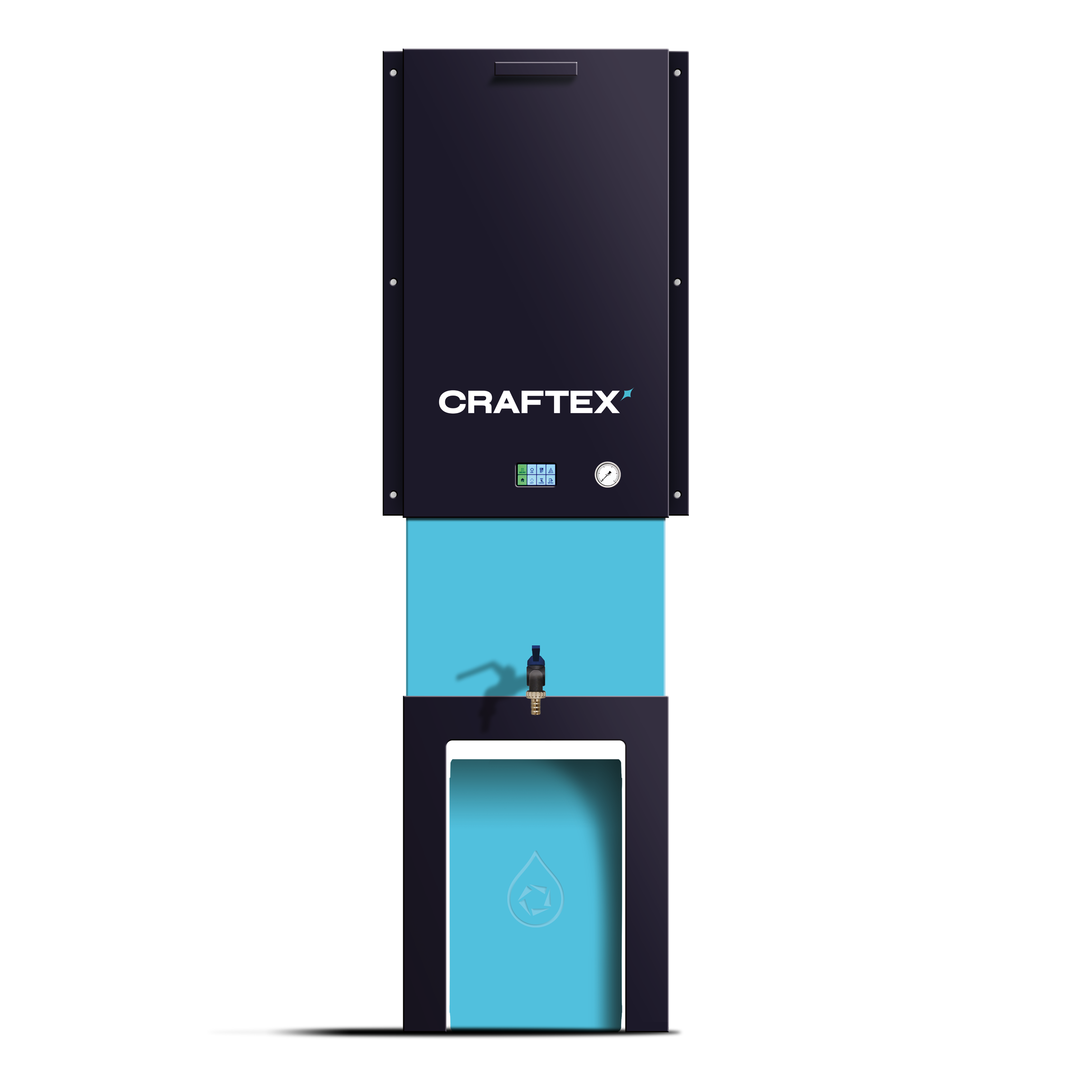 Industrial water treatment equipment with a black control panel labeled 'Craftex' mounted on a blue and gray structure, and a water faucet attached beneath it, with a water droplet symbol on the lower section.