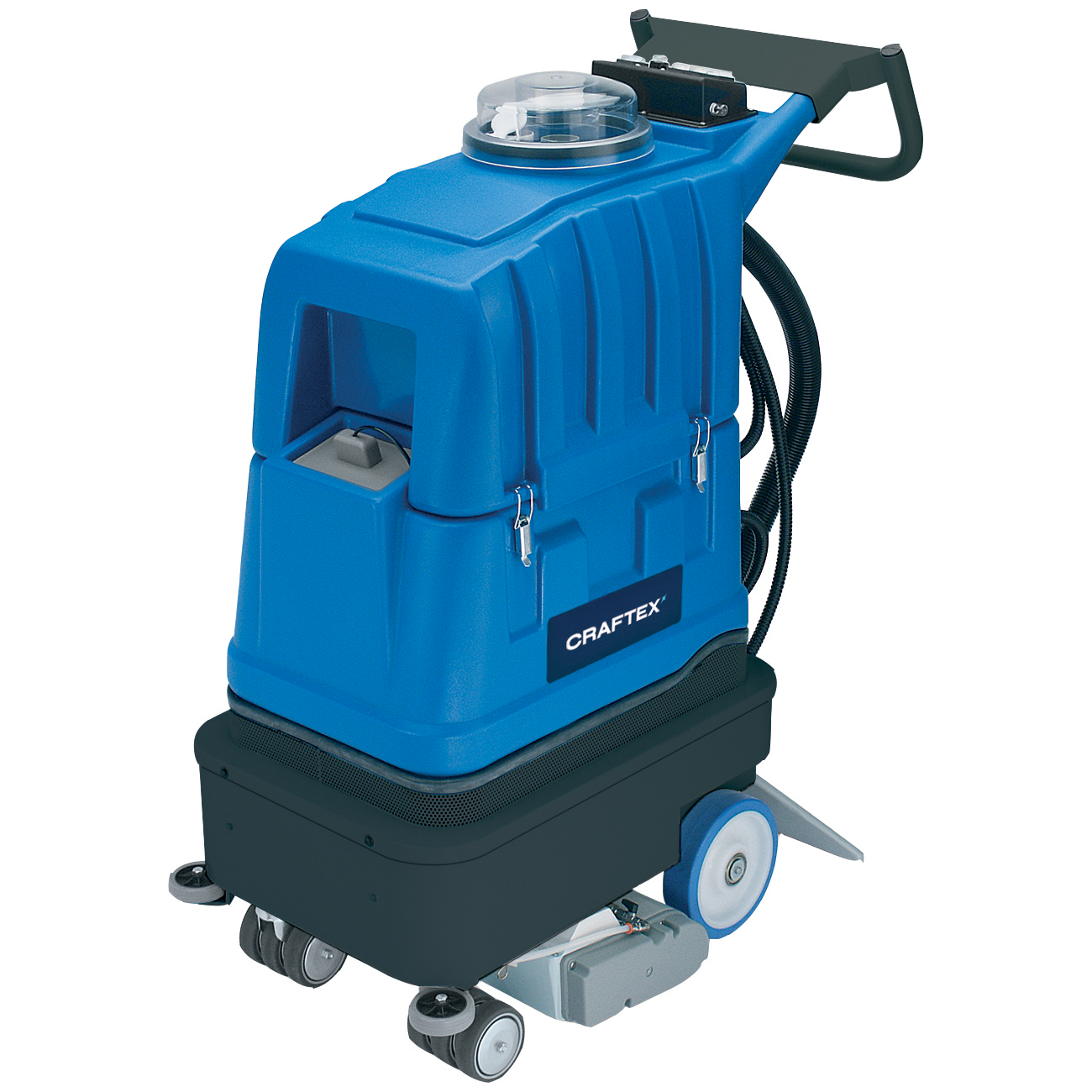 A blue Craftex commercial floor cleaning machine with black and gray components, wheels, and a water tank.