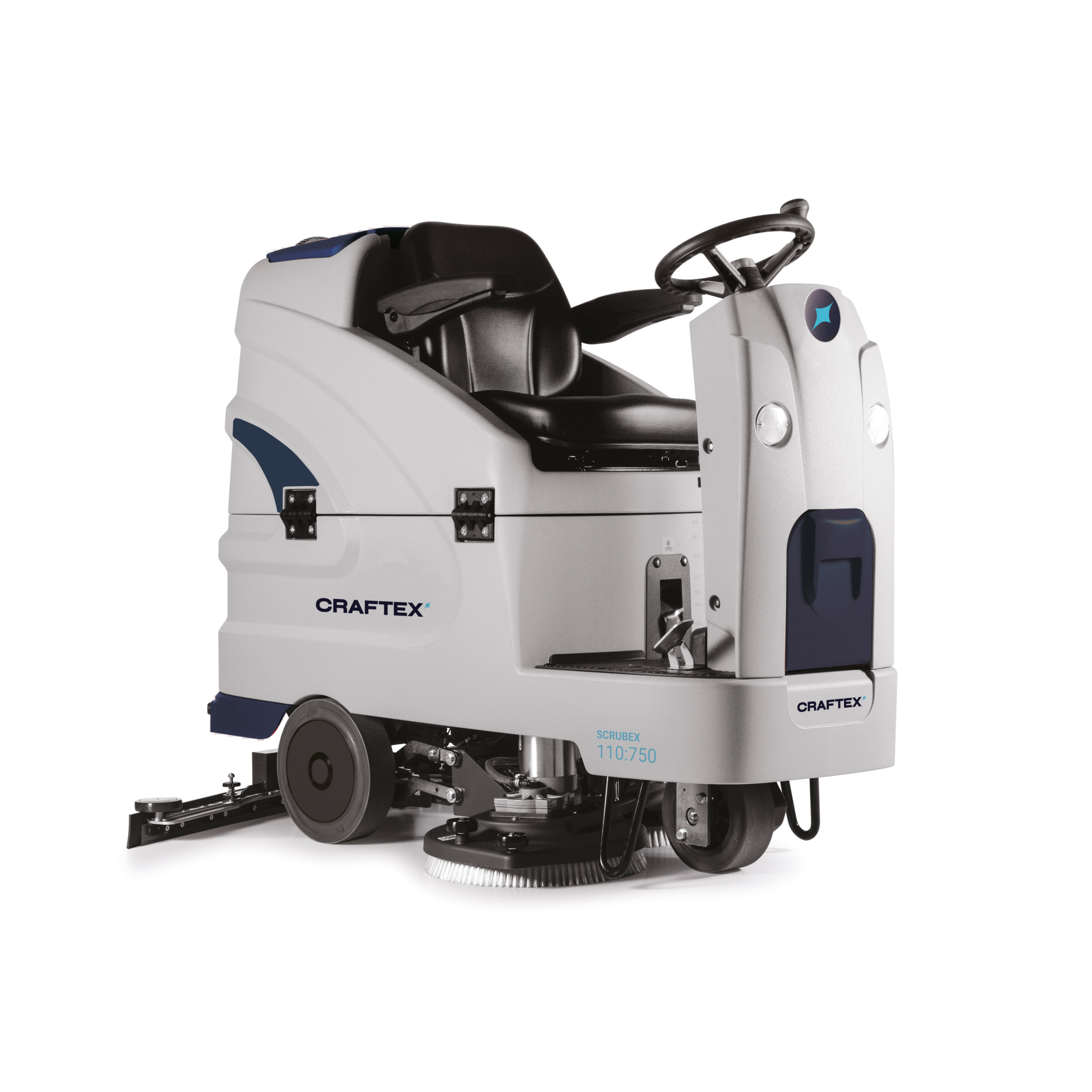 A ride-on floor cleaning machine labeled Craftex with a black seat, steering wheel, and brushes underneath.