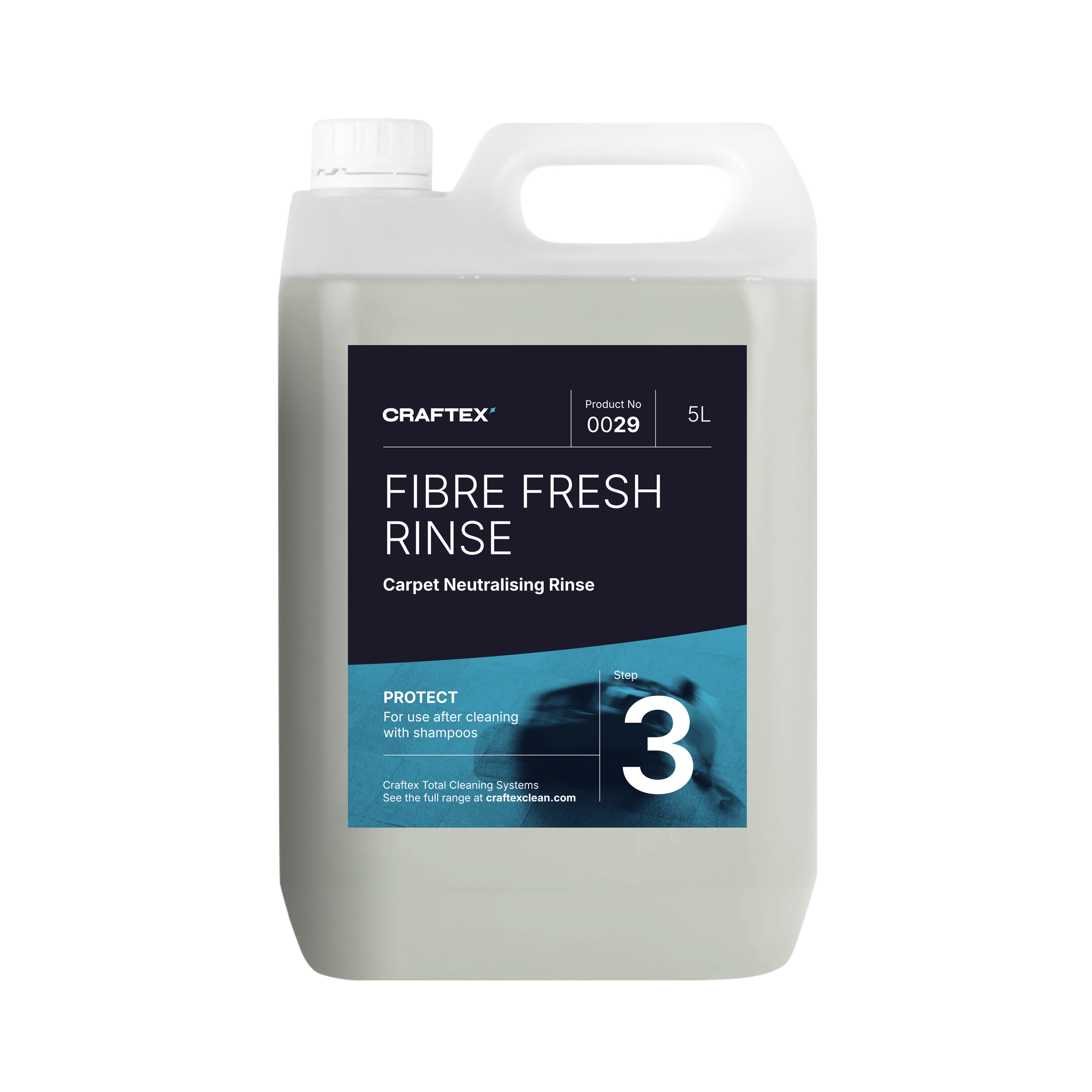 A 5-liter container of Craftex Fibre Fresh Rinse Carpet Neutralising Rinse with a black and blue label.