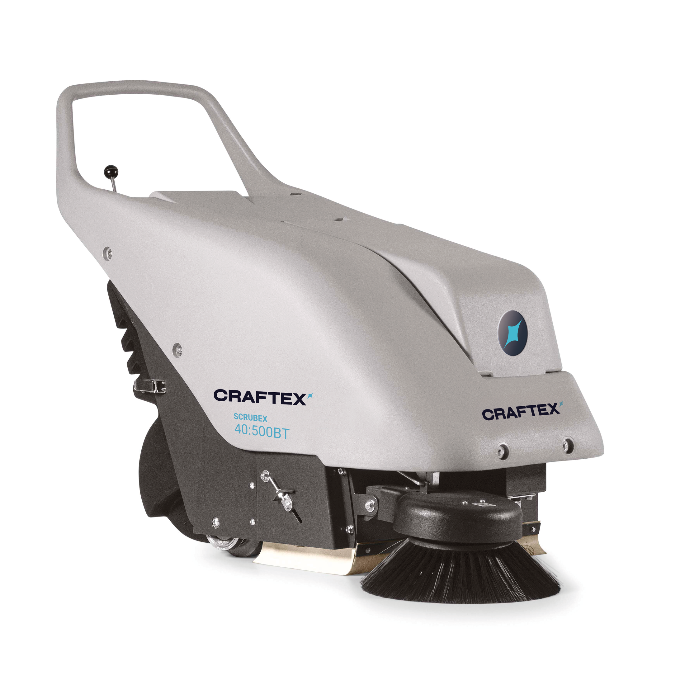 An industrial floor sweeper with a gray body and a black brush underneath, labeled CRAFEX SCRUBEX 40:500BT.