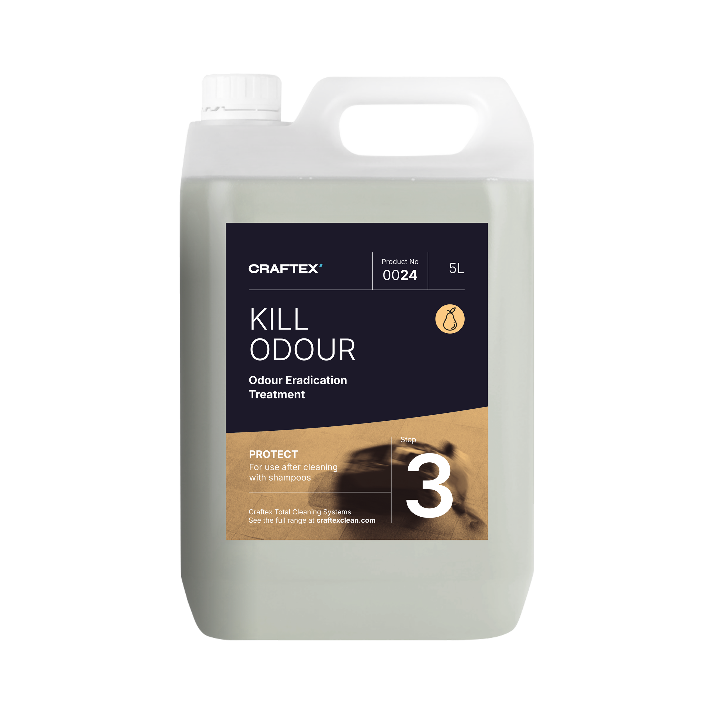 A large white container labeled Craftex Kill Odour Odour Eradication Treatment, 5 liters, with a black and brown label, showing a dog silhouette and step number 3 for use after cleaning with shampoos.