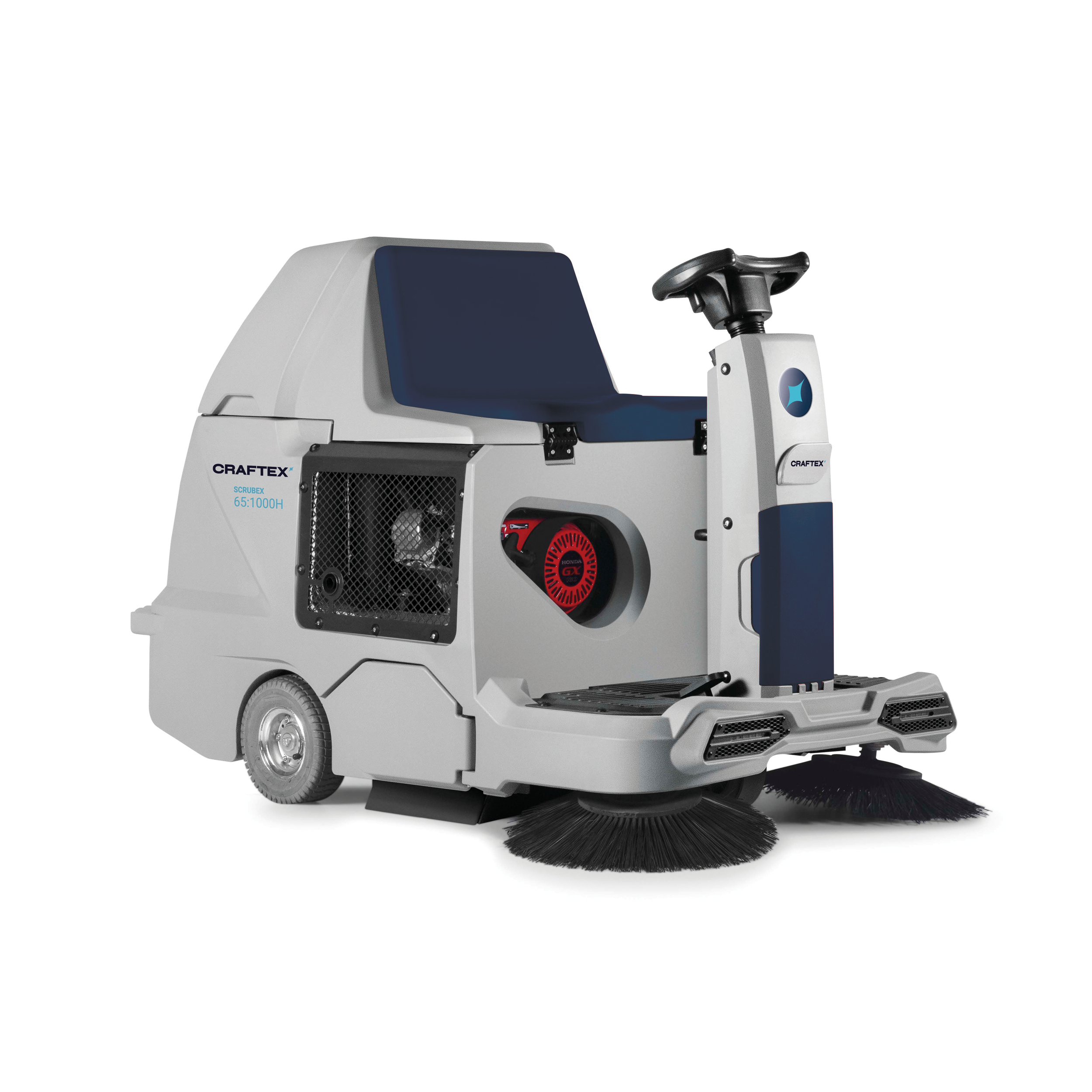 Autonomous street cleaning machine with brushes and a seat for operators.