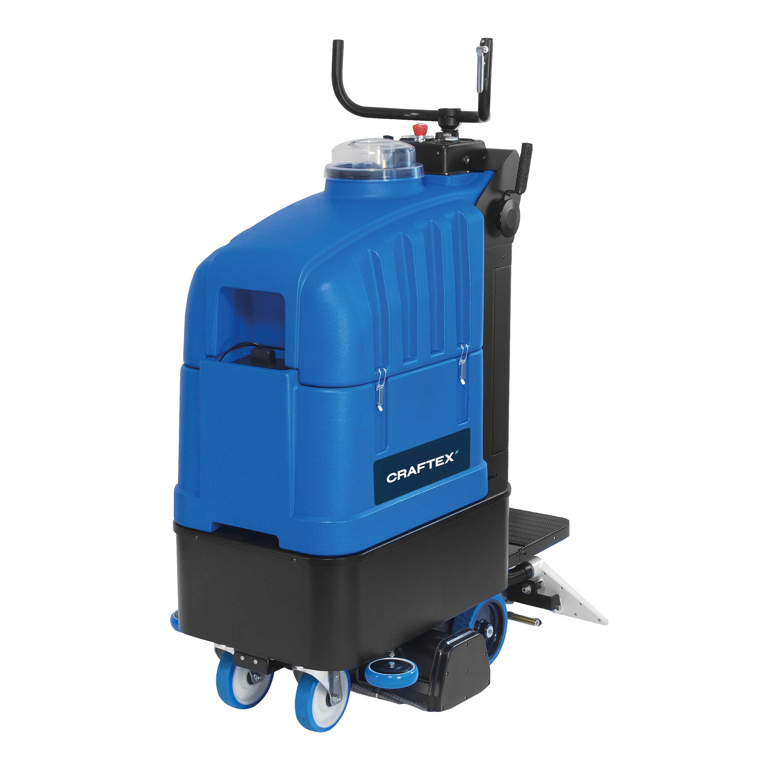 Blue and black ride-on floor cleaning machine with the brand name "Craftex" on the side.