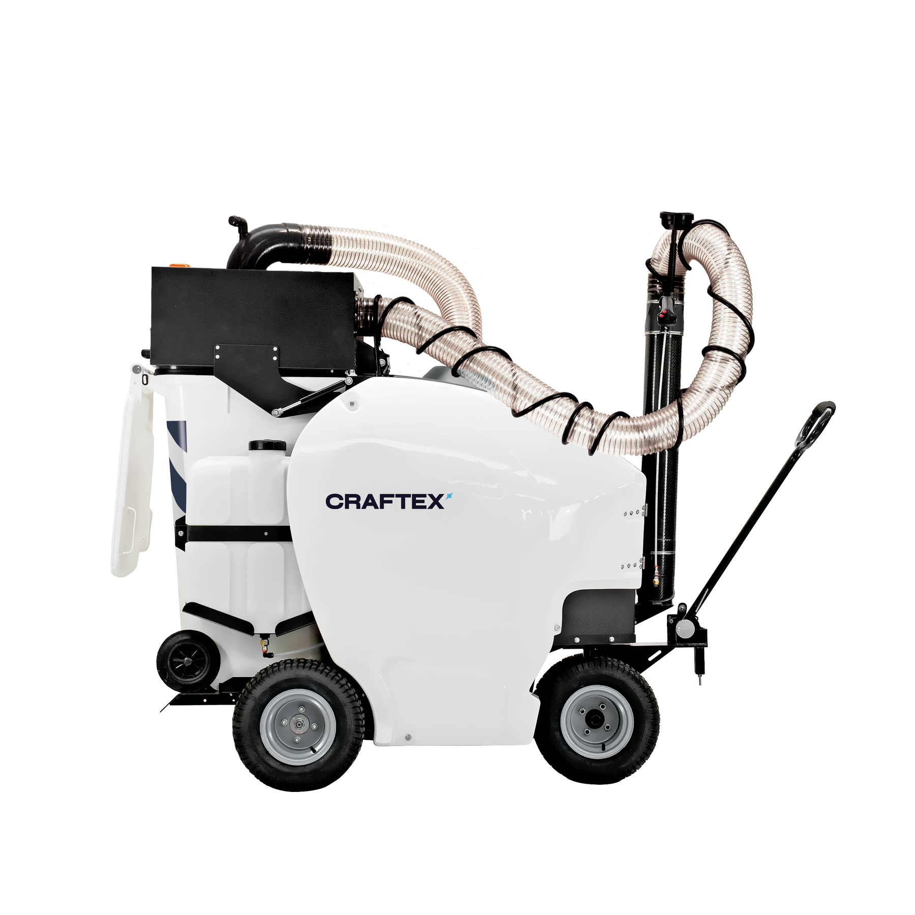 Industrial cleaning machine with large hoses, labeled Craftex, on four wheels, shown against a white background.