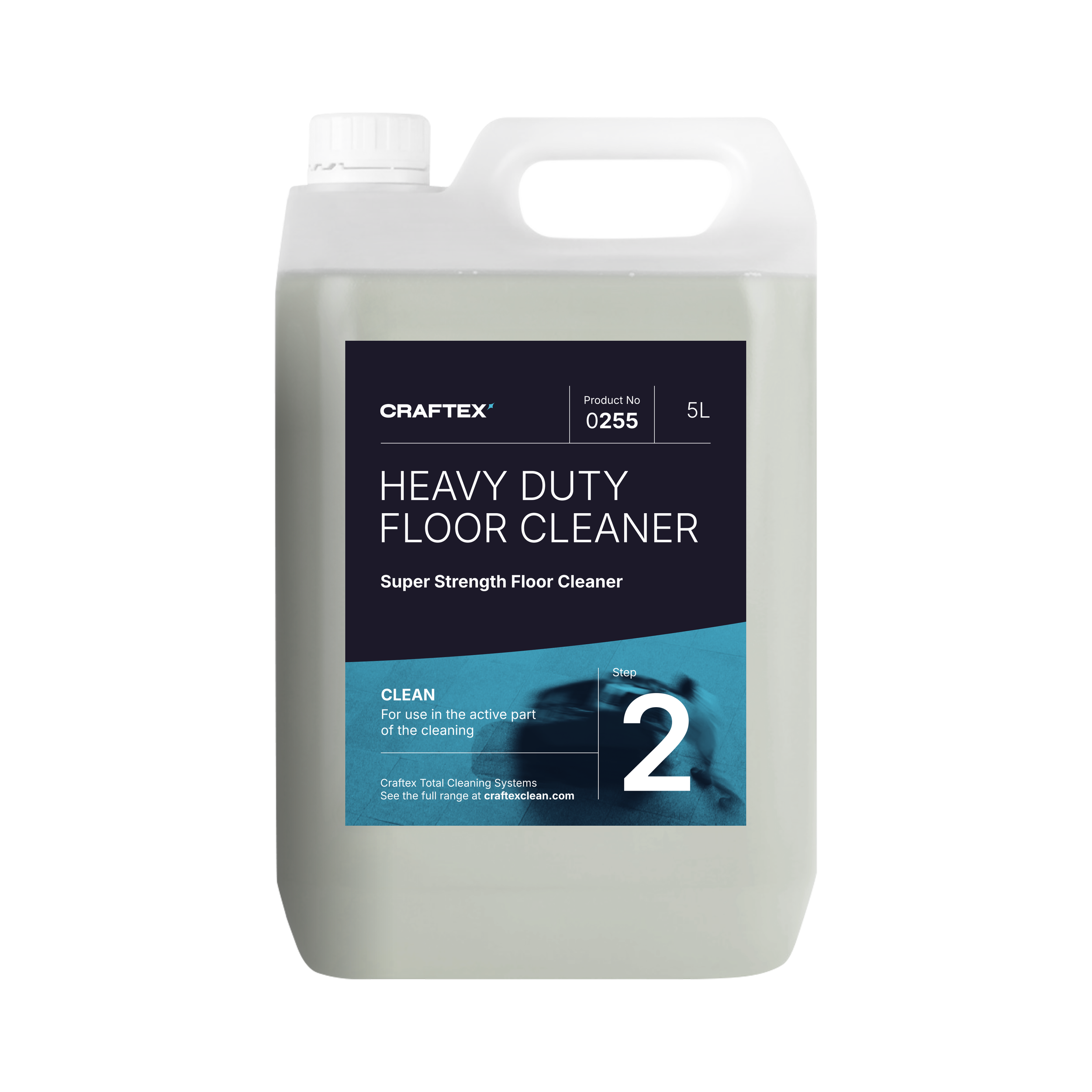 A white plastic container of Craftex Heavy Duty Floor Cleaner with a black label indicating it's a super strength floor cleaner, 5 liters, with step 2 for cleaning.