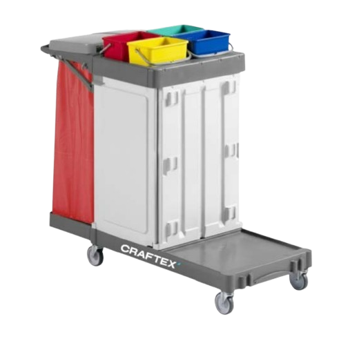 Cleaning cart with four colored trash bins and wheels, labeled CRAFTEX.