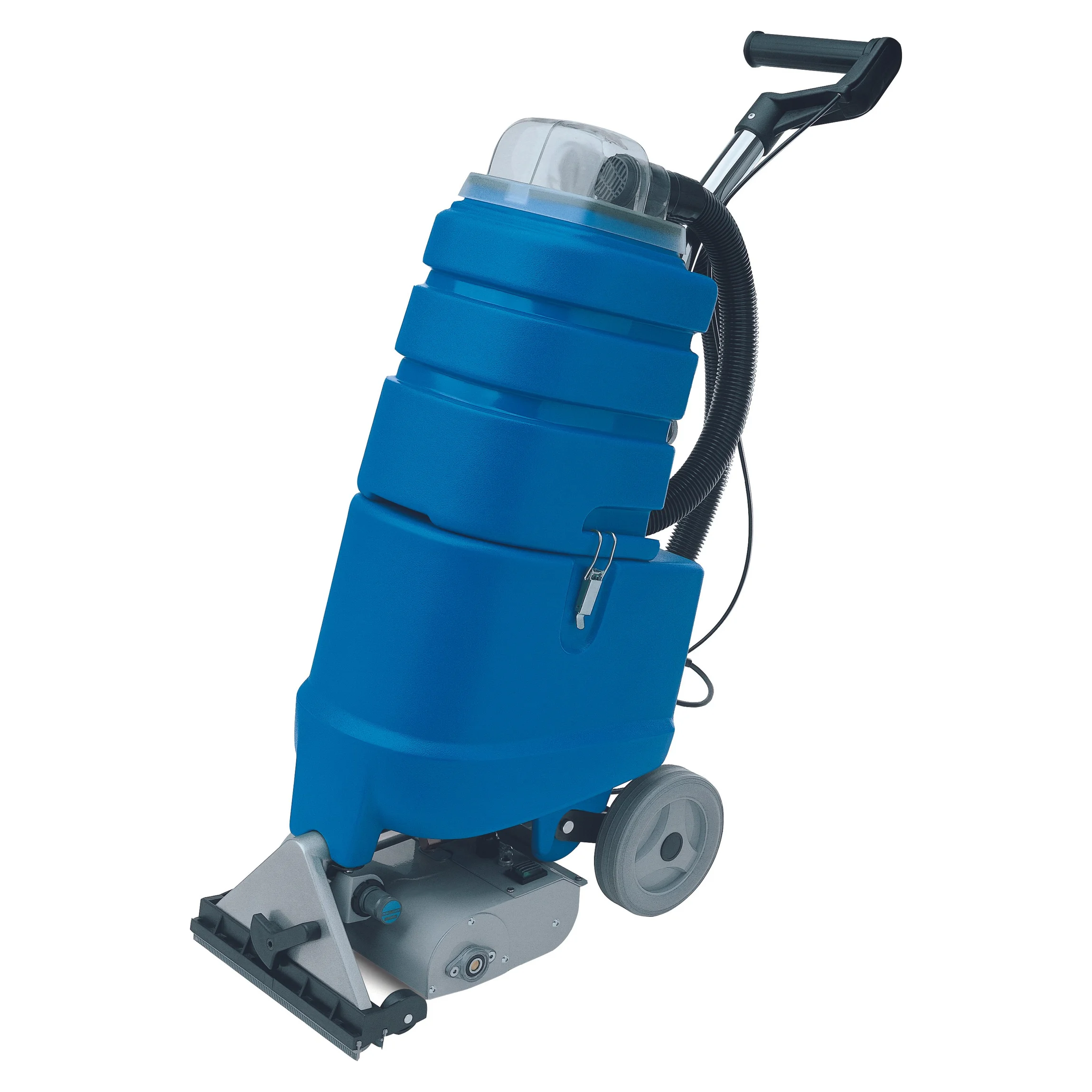 Blue commercial floor cleaning machine with a large blue water tank, handlebar, and wheels, used for industrial cleaning.