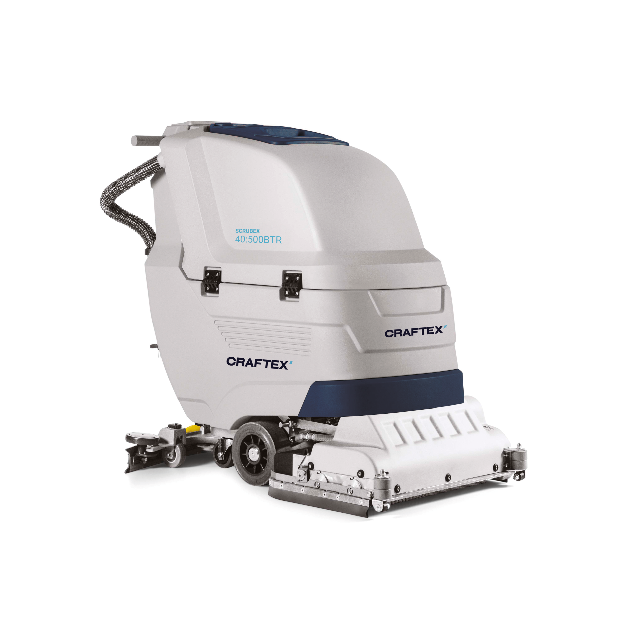 Industrial floor cleaning machine labeled CRAFEX and SCRUBEX, with a white and blue body and brushes underneath.