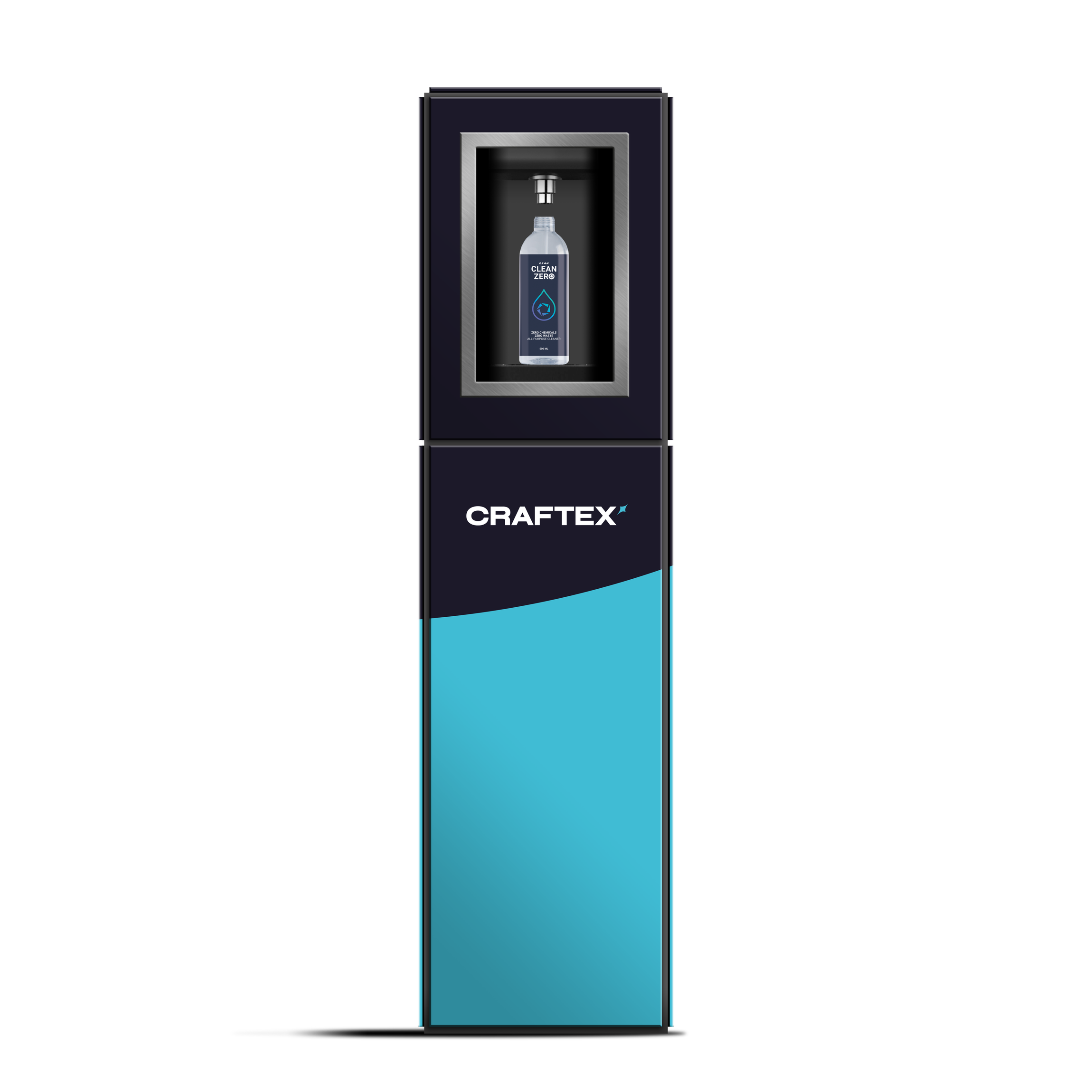 Automated hand sanitizer dispenser with a bottle of sanitizer inside, labeled "Clean Zero," on a tall, sleek, black and blue stand labeled "CRAFTEX."