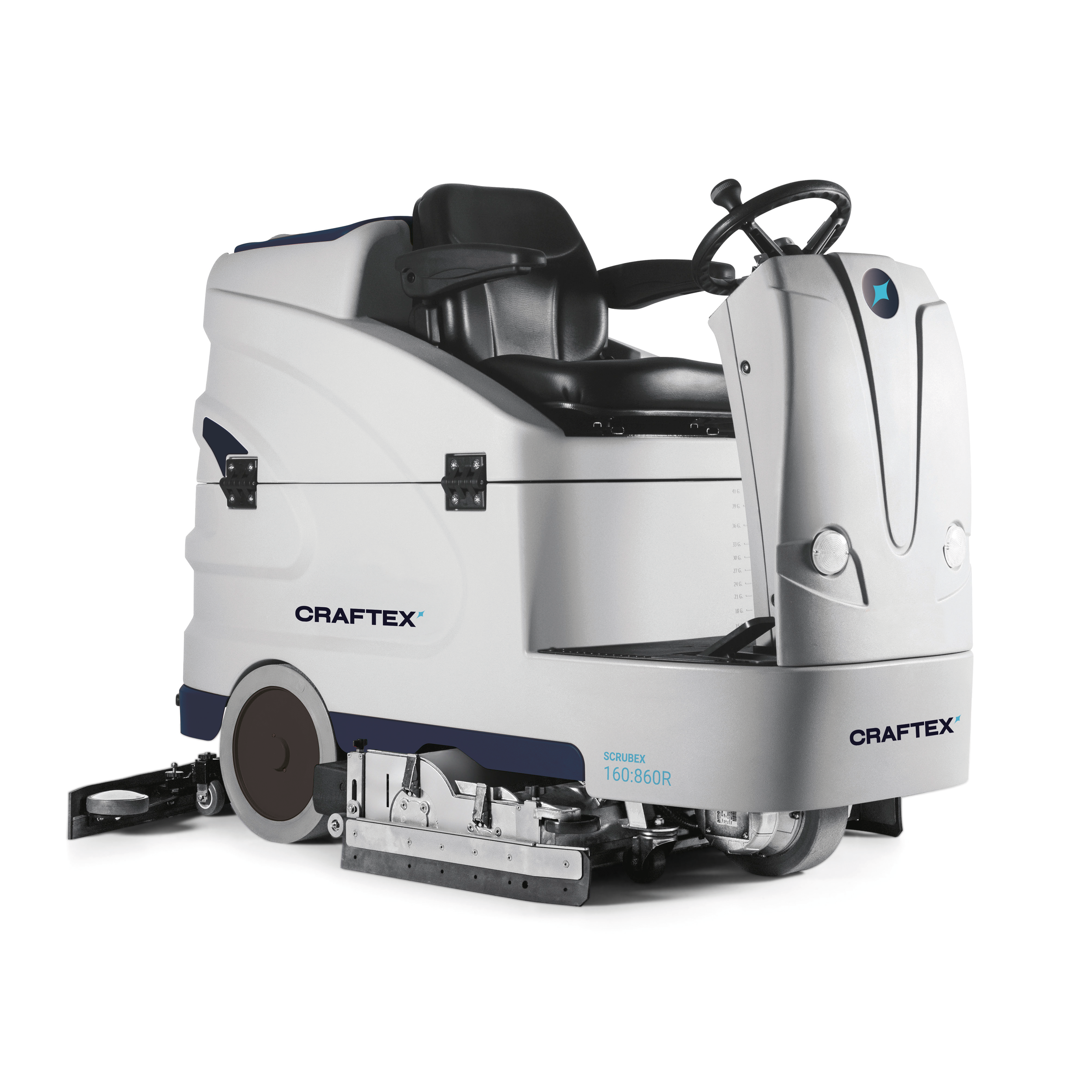 Autonomous floor cleaning robot with a white body and black seat, labeled Craftex, equipped with brushes underneath.
