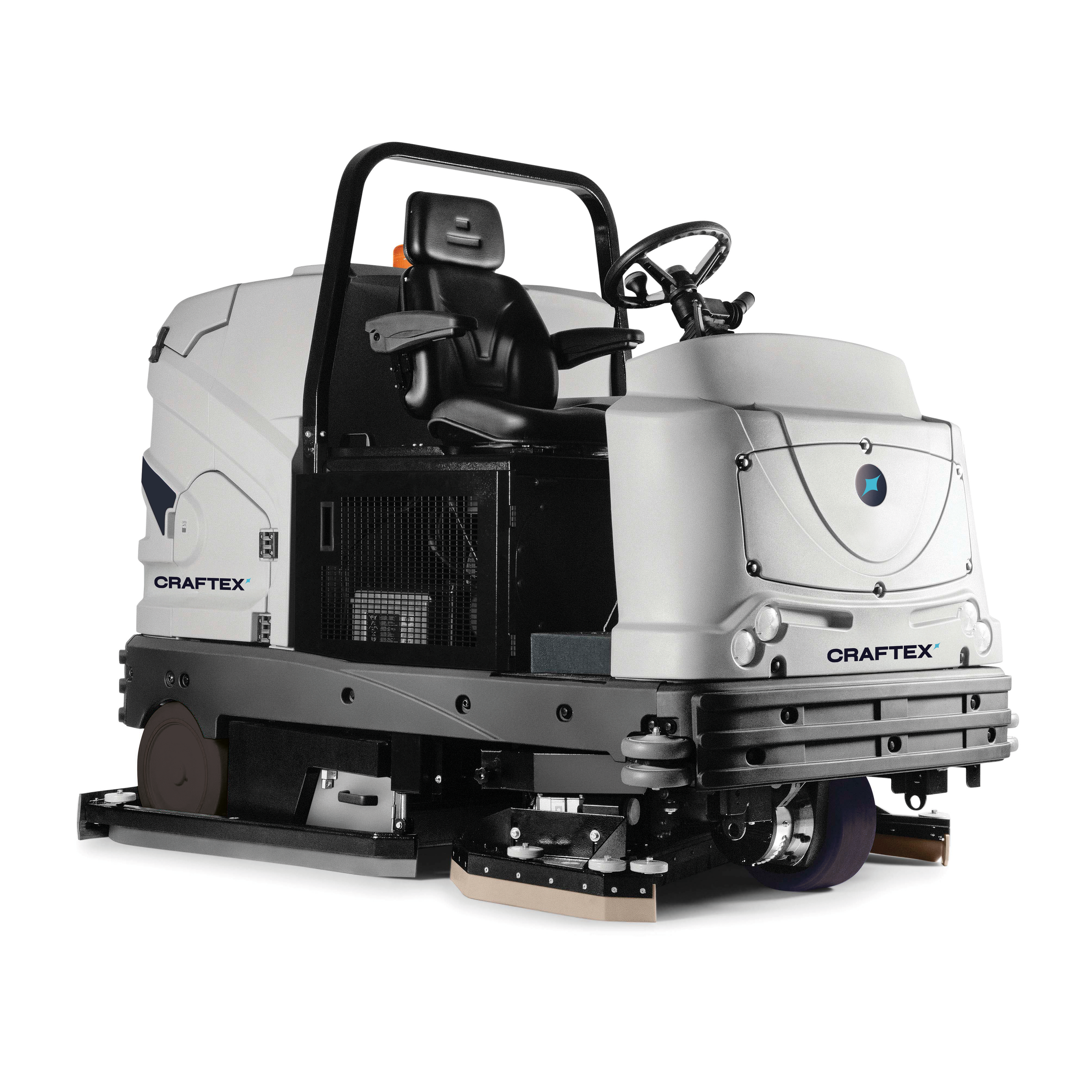 Automated floor cleaning machine with black seat, steering wheel, and white body, branded Craftex.