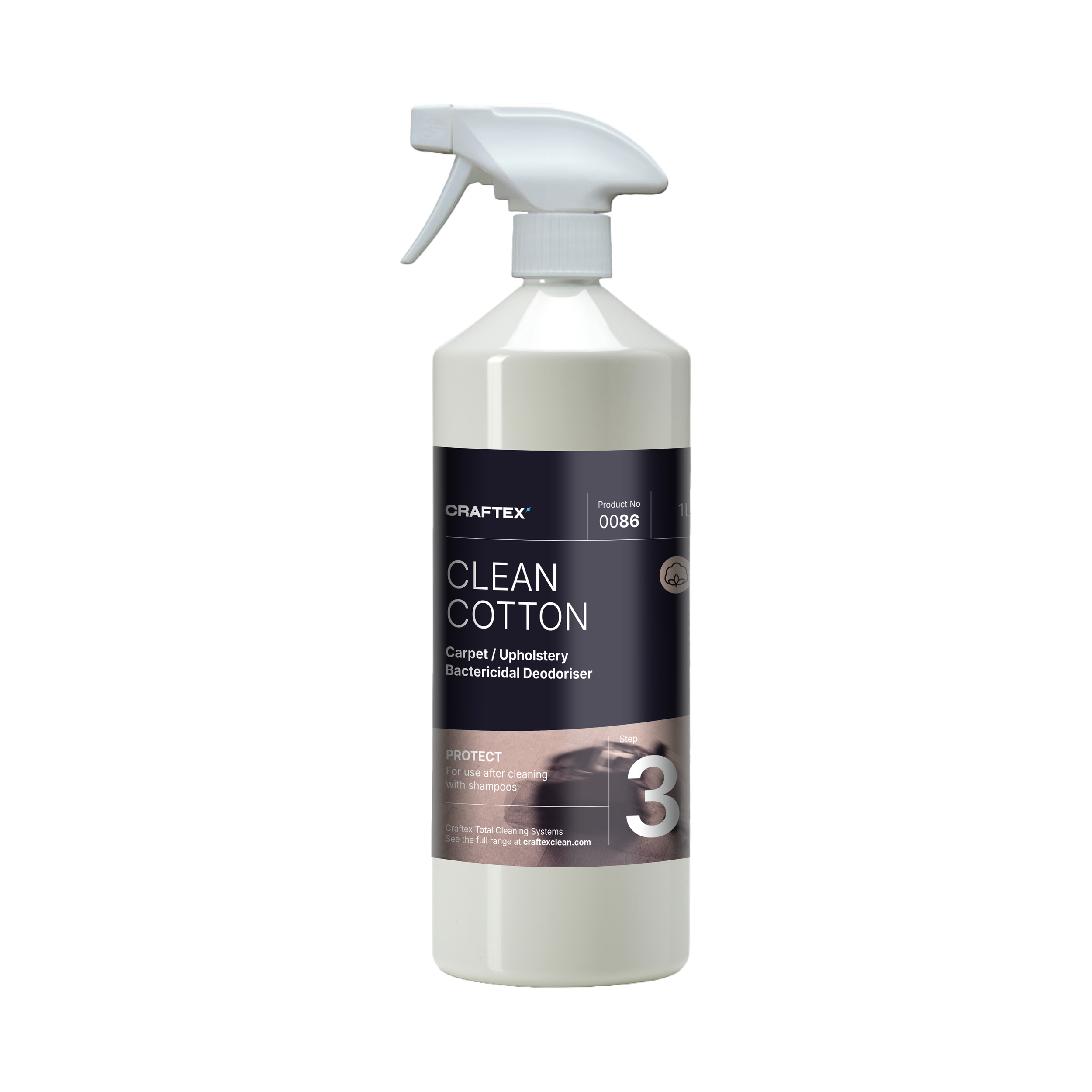 White spray bottle of Craftex Clean Cotton carpet and upholstery cleaner with a trigger spray nozzle.