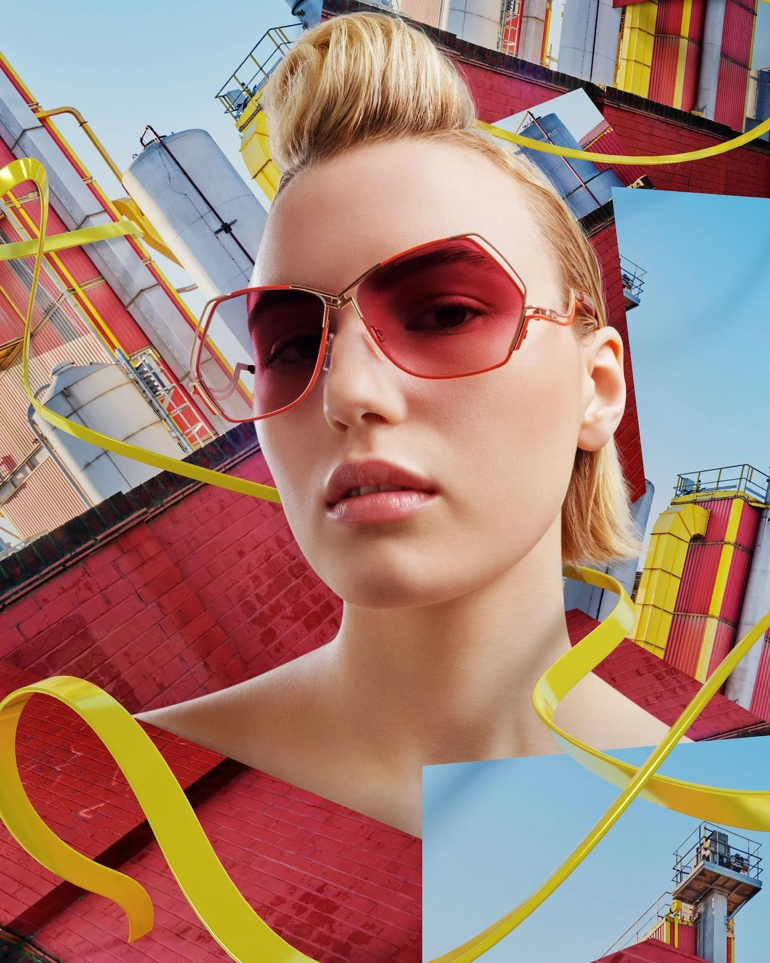 Model wearing red-tinted Cazal sunglasses in a stylised industrial collage setting, photographed by Joseph Ford for Spectr magazine’s eyewear fashion feature