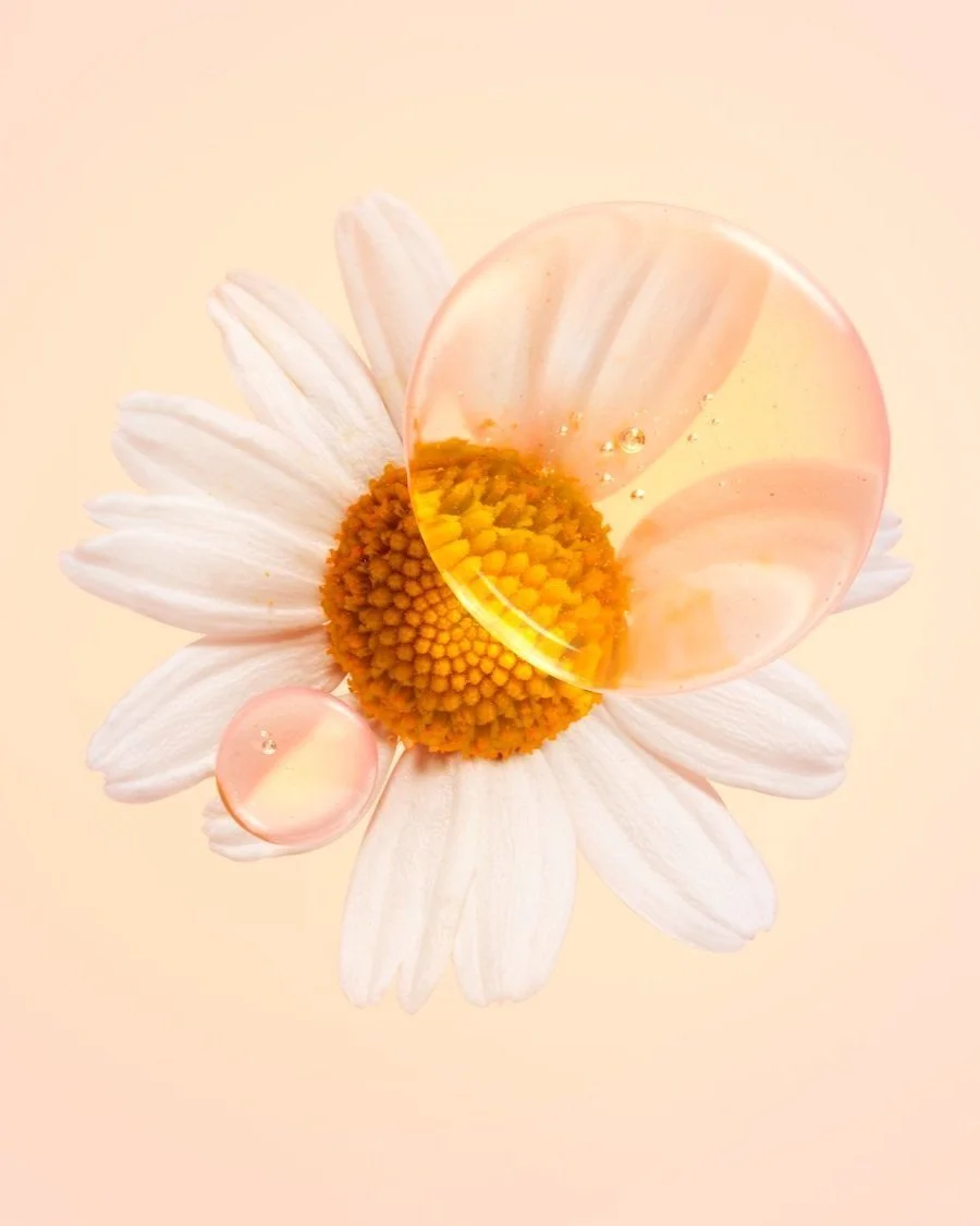 Vibrant still life by Kellie French featuring a daisy flower with golden oil droplets magnifying its centre, set against a soft peach background – a bold, graphic composition 