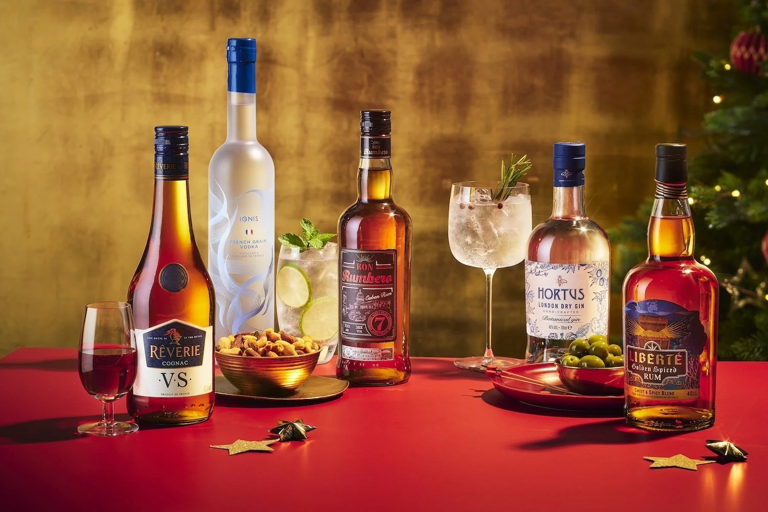 Christmas-themed selection of spirits photographed for Lidl by drinks photographer Frankie Turner