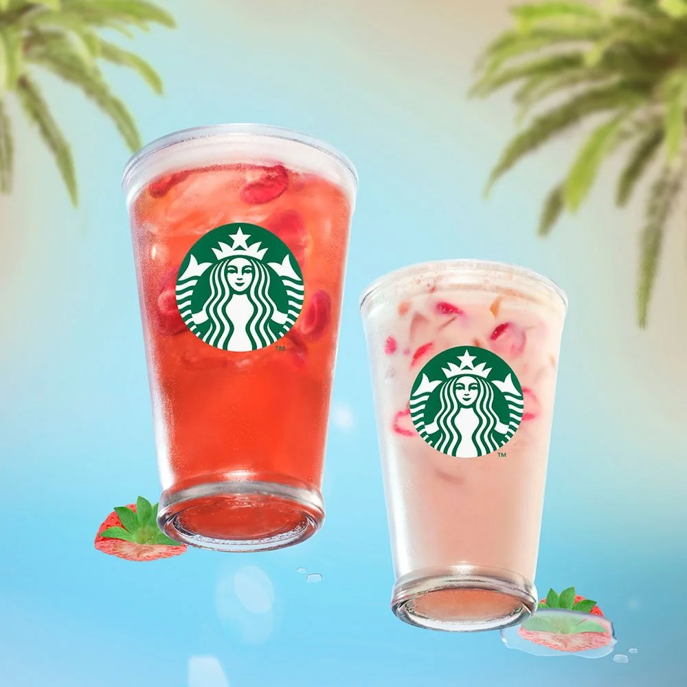 Starbucks iced fruit drinks with a palm tree background, drinks photography by Frankie Turner in London