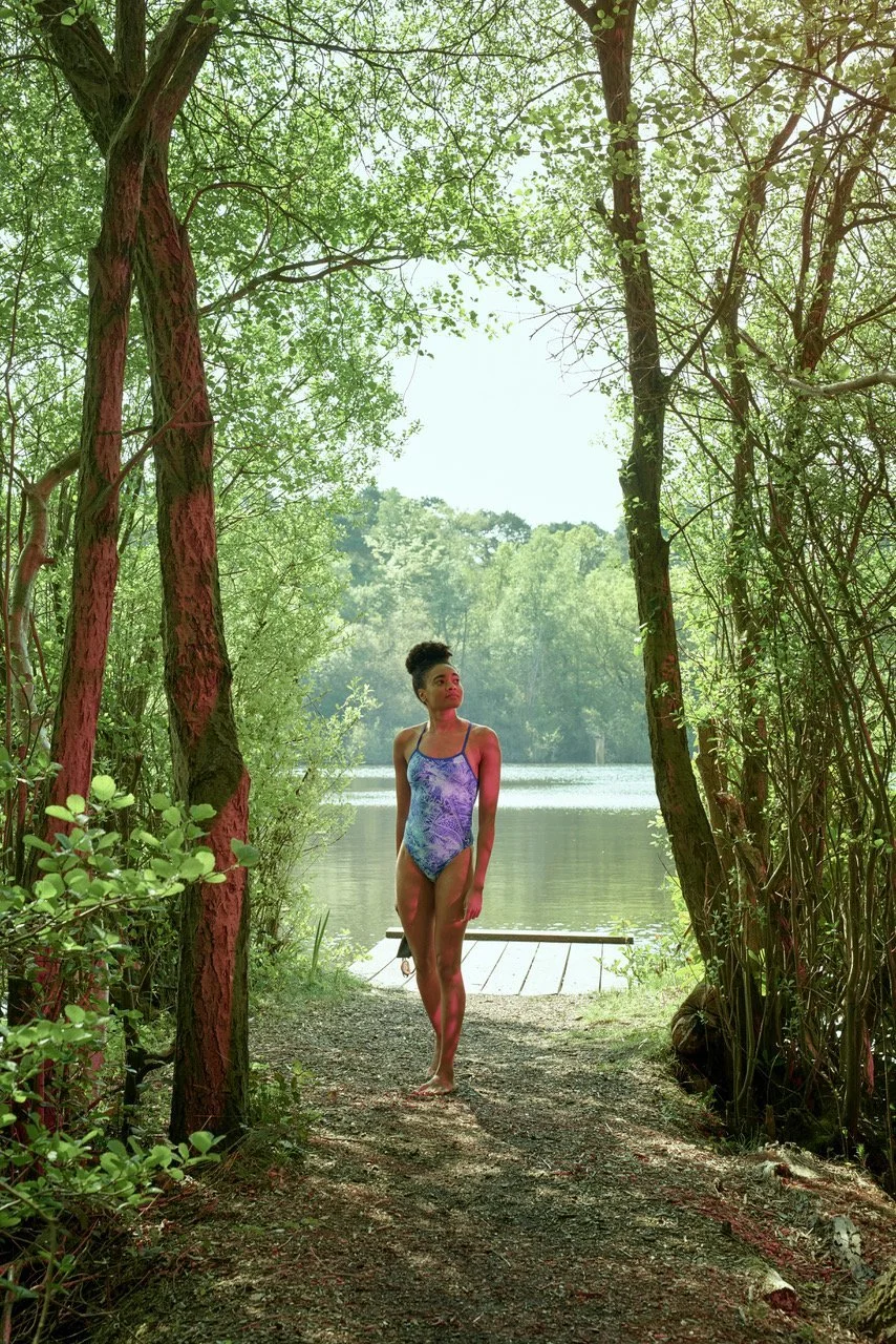 Open water swimmer Alice Dearing, photographed by Phil Fisk at a secluded lake in Surrey during early lockdown