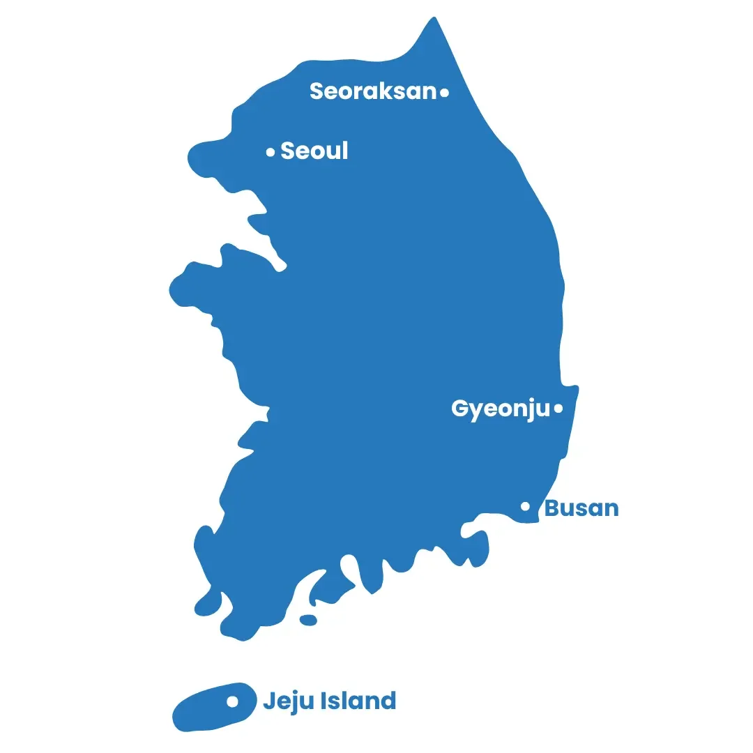 Map of South Korea showing the locations of Seoraksan, Seoul, Gyeongju, Busan, and Jeju Island.