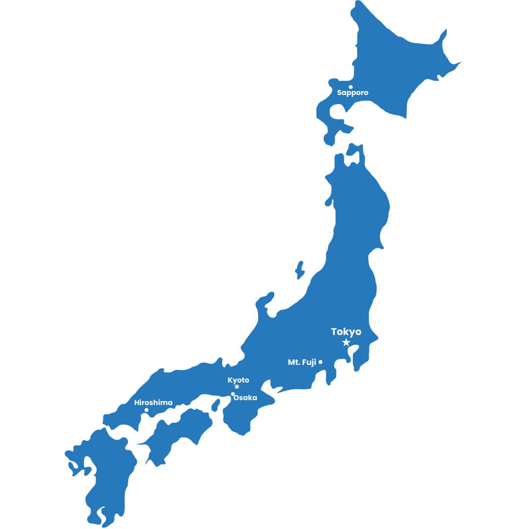 Map of Japan showing major cities including Sapporo, Tokyo, Mt. Fuji, Kyoto, Osaka, Hiroshima.
