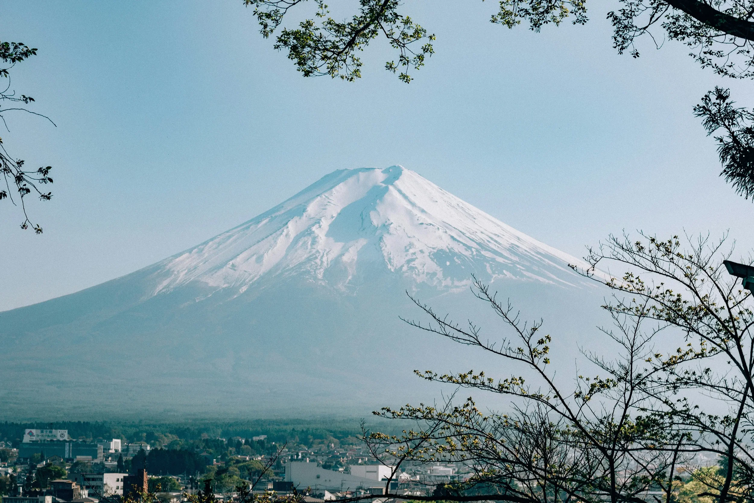 Mt Fuji in the distance on a clear blue sky day.