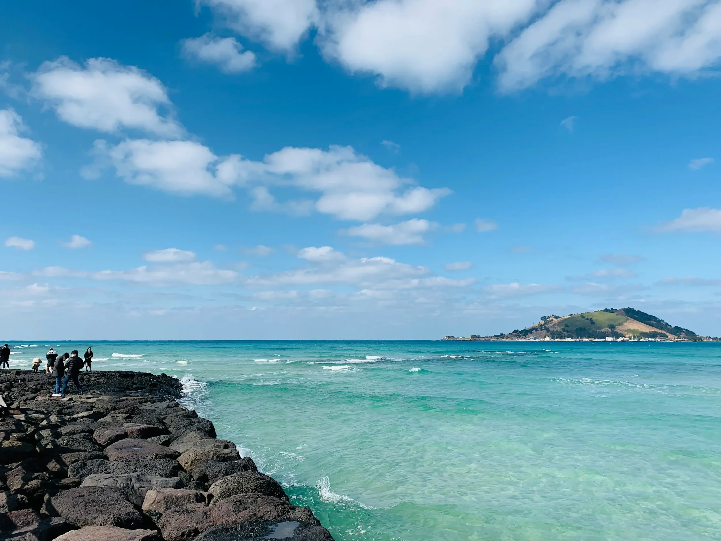 People standing on a rocky shoreline facing the ocean with a small island in the distance under a partly cloudy sky.