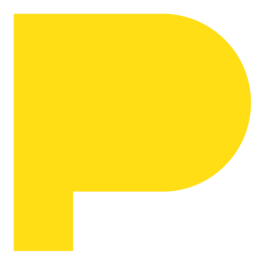 Yellow stylized letter 'P' on a white background.