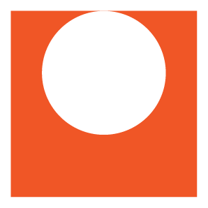 White circle on an orange square background.