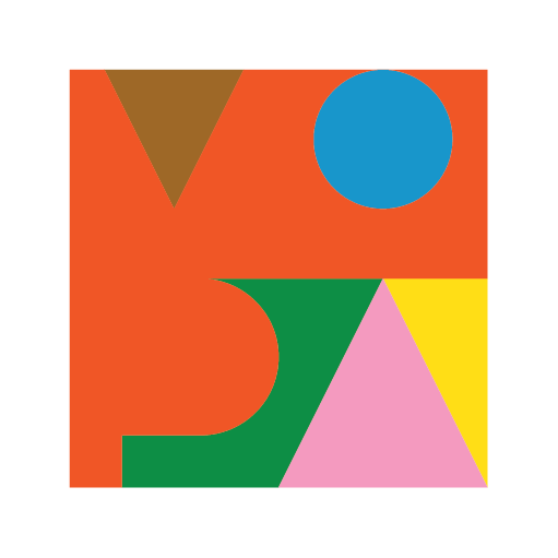 Abstract geometric shapes in various colors including red, blue, green, pink, yellow, and brown.